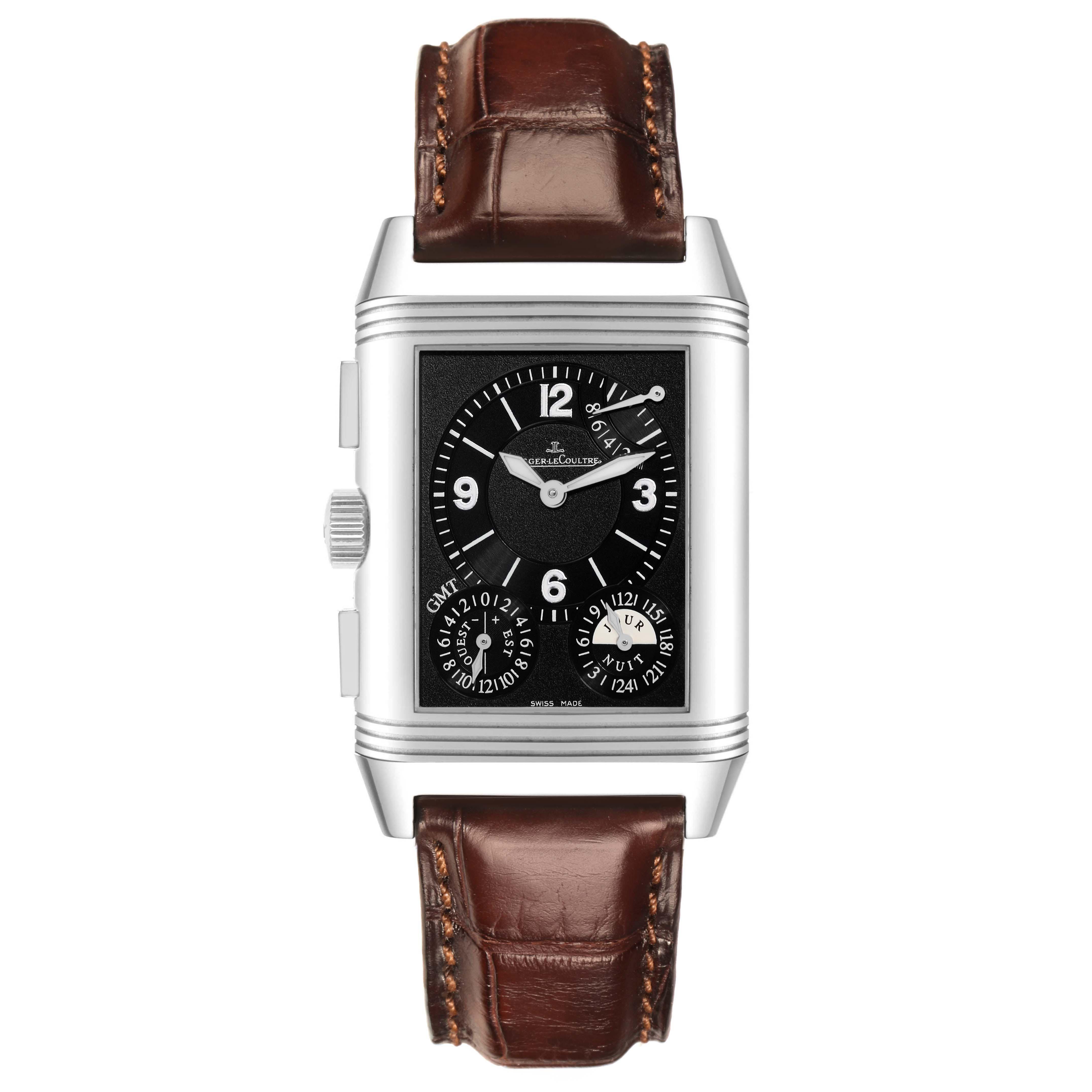 The Jaeger-LeCoultre Reverso watch is shown from the front, displaying its face, case, and brown leather strap.
