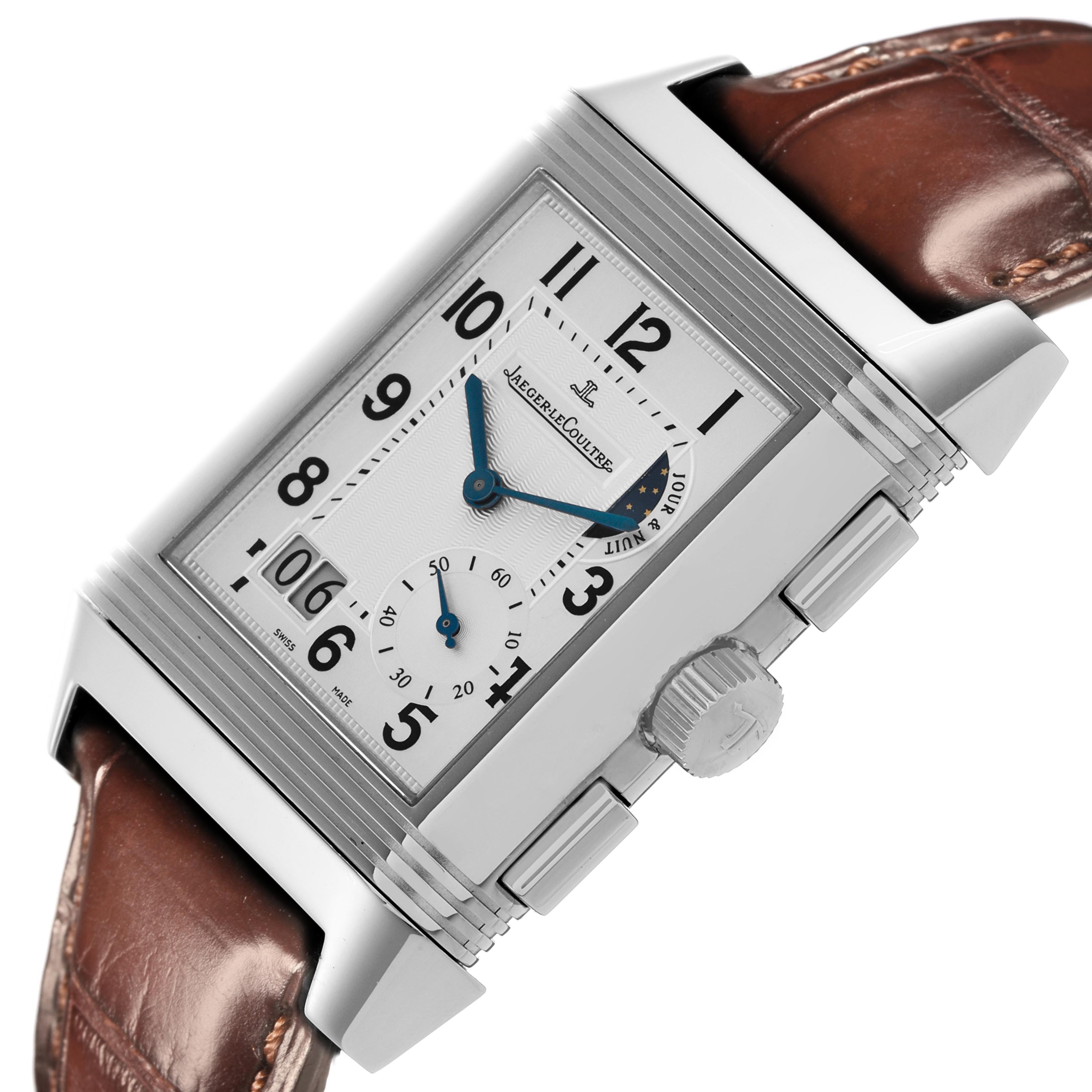 The image shows a Jaeger-LeCoultre Reverso watch at a slight angle, highlighting the face, crown, and leather strap.