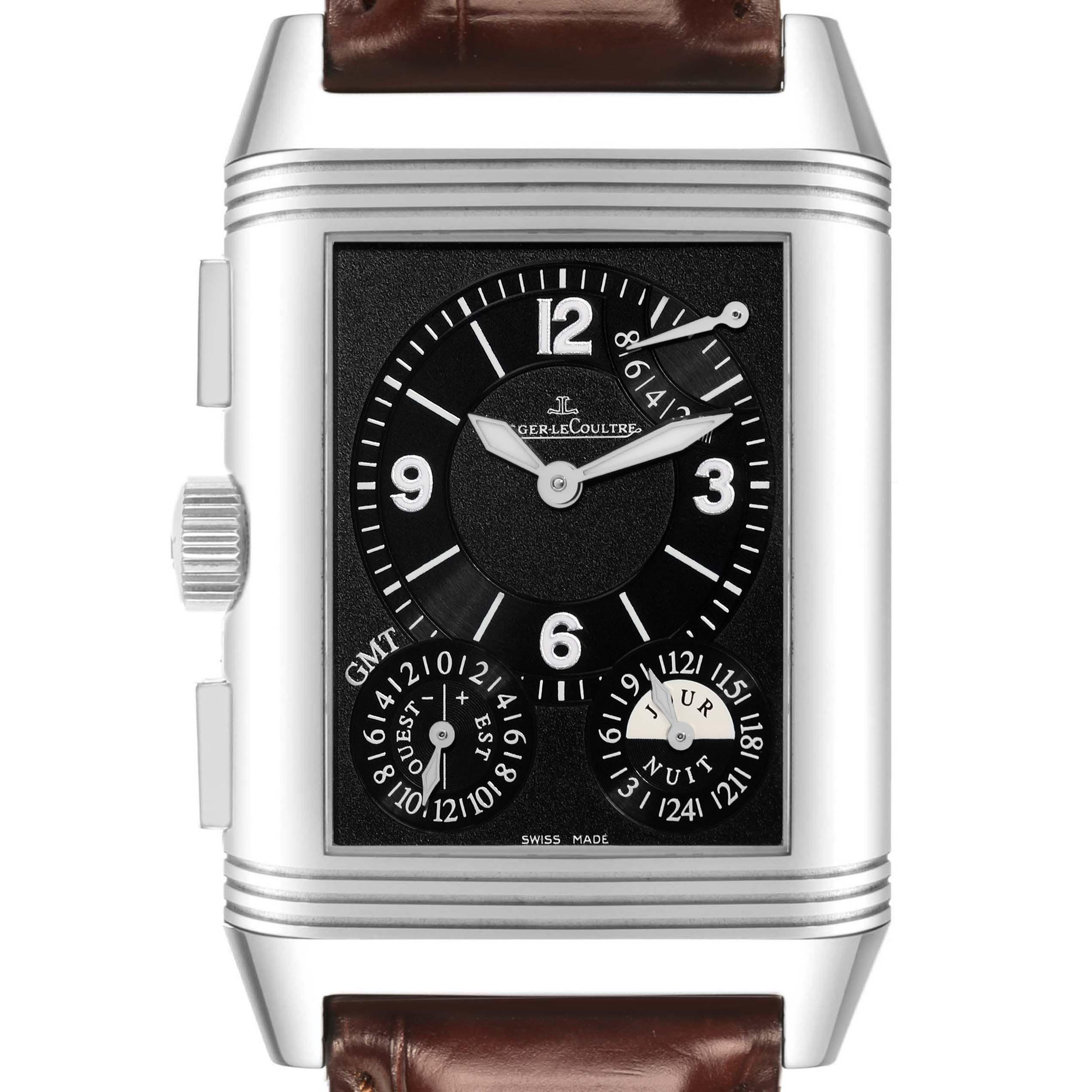 The Jaeger-LeCoultre Reverso watch is shown from the front, displaying its dial, hands, and sub-dials with a brown leather strap.