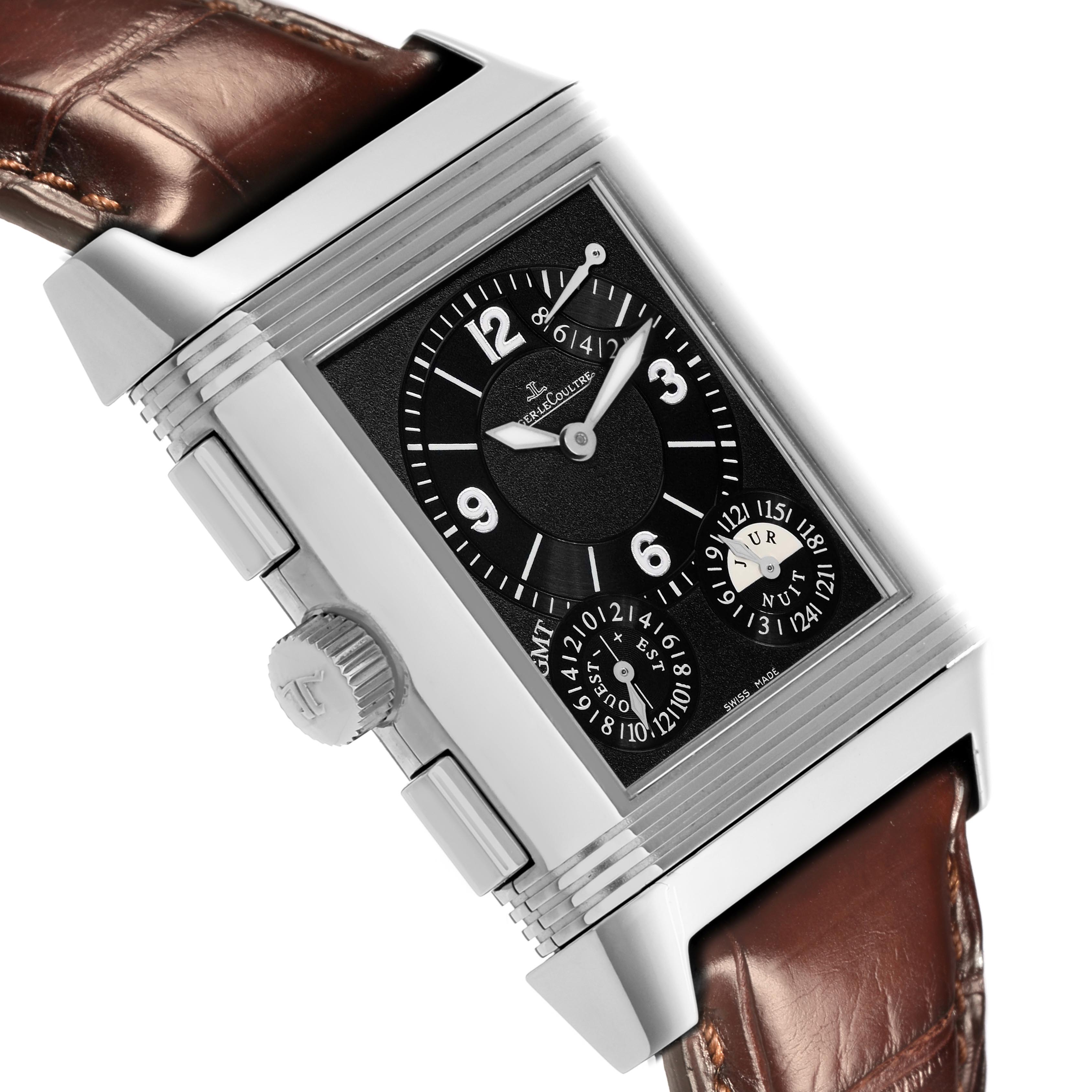 The Jaeger LeCoultre Reverso Q3028420 Men's Stainless Steel Silver Dial Q3028420 Men's Stainless Steel Silver Dial model is shown at a slight angle, highlighting the dial, crown, strap, and side buttons.