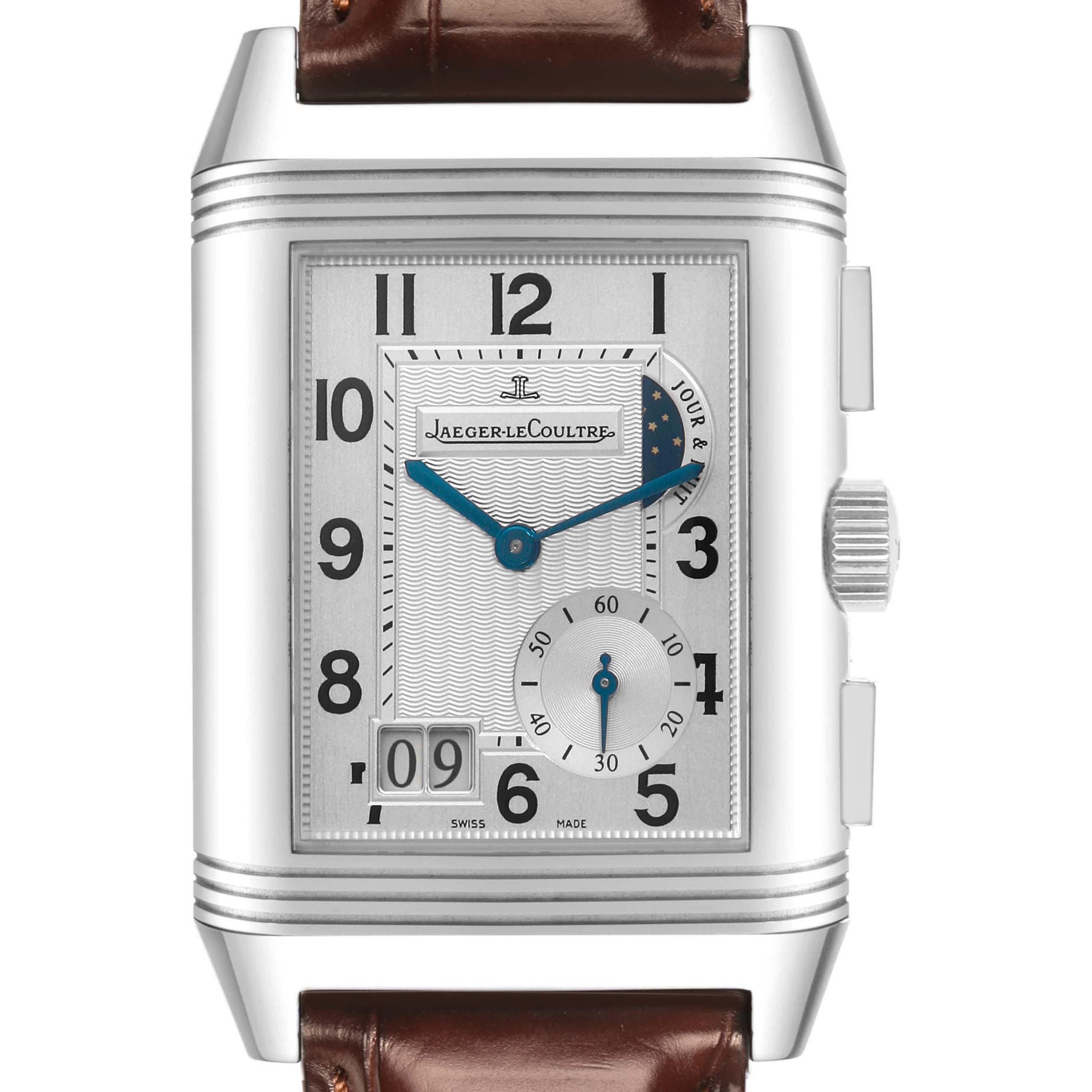 The Jaeger-LeCoultre Reverso watch is shown from the front, displaying the dial and the side crown.