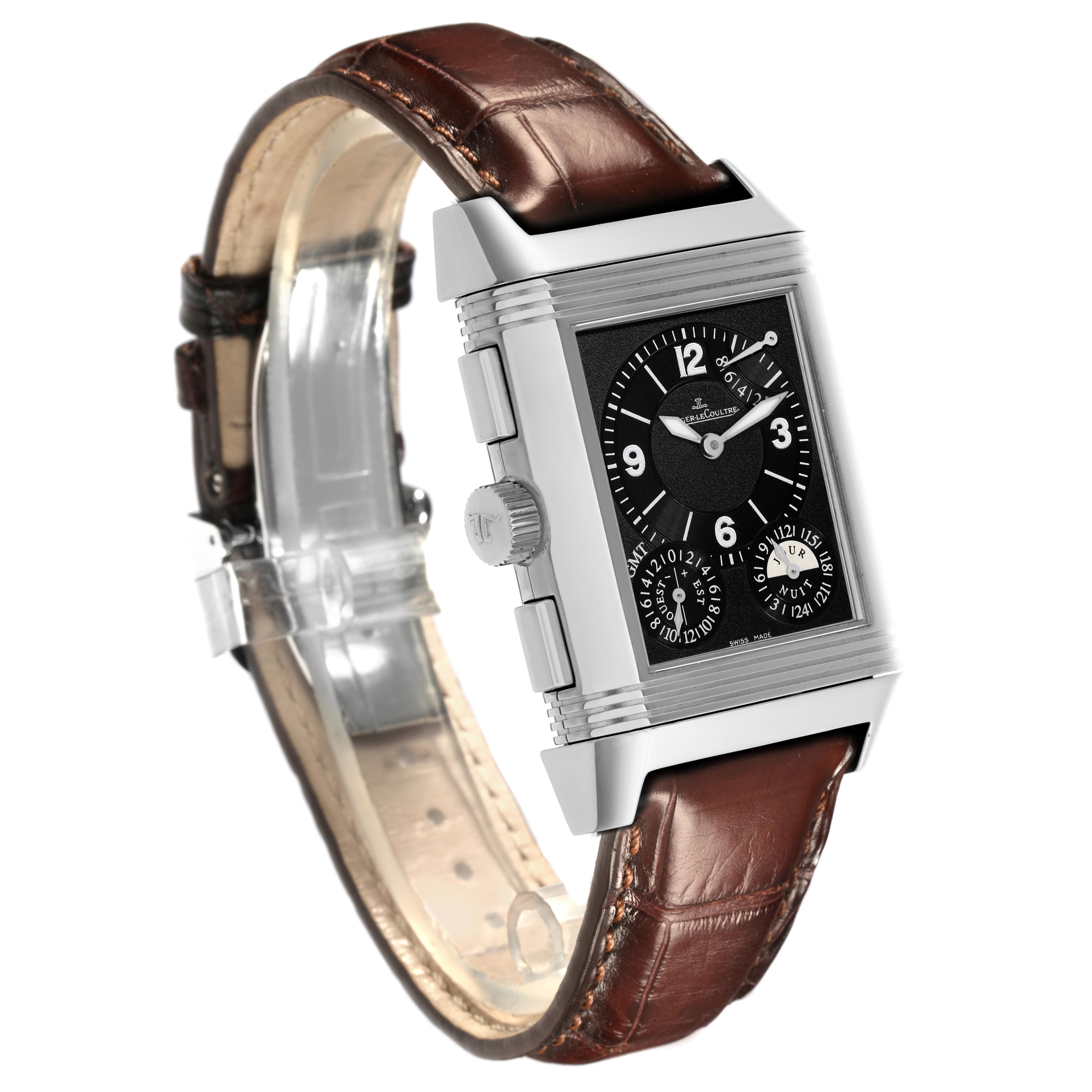 The Jaeger LeCoultre Reverso Q3028420 Men's Stainless Steel Silver Dial Q3028420 Men's Stainless Steel Silver Dial watch is shown at an angle emphasizing the face, case details, and brown leather strap.
