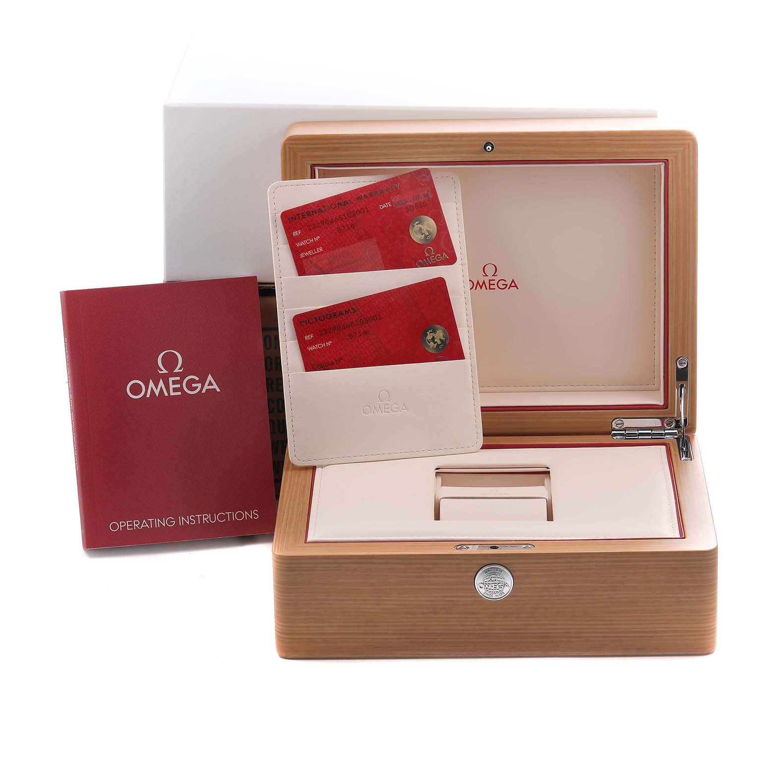 The image shows an Omega Planet Ocean 232.90.46.51.03.001 Men's Stainless Steel Blue Dial 232.90.46.51.03.001 Men's Stainless Steel Blue Dial watch box, cards, and operating instructions from a top angle.