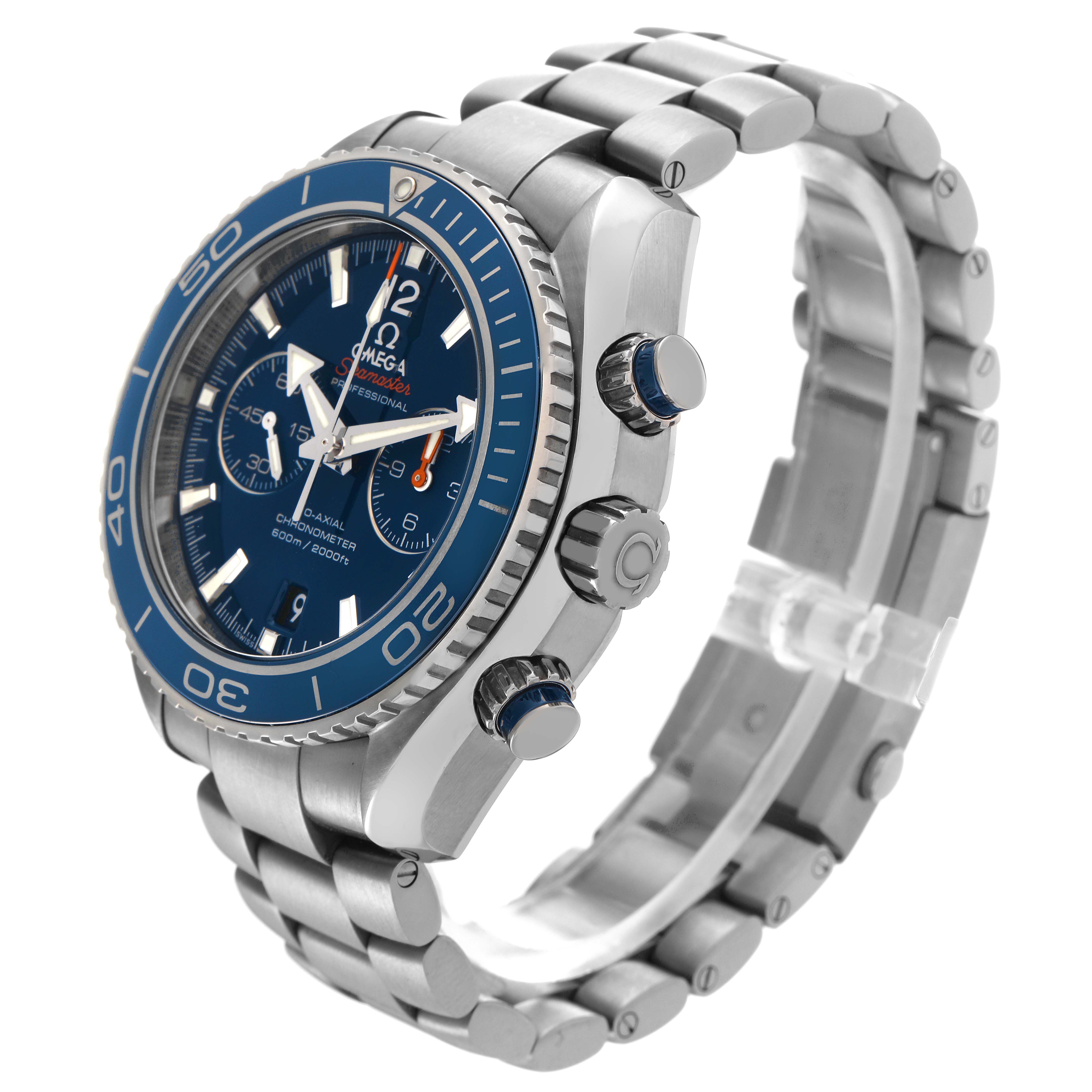 The Omega Planet Ocean 232.90.46.51.03.001 Men's Stainless Steel Blue Dial 232.90.46.51.03.001 Men's Stainless Steel Blue Dial watch is shown at an angle highlighting the face, bezel, crown, pushers, and bracelet.