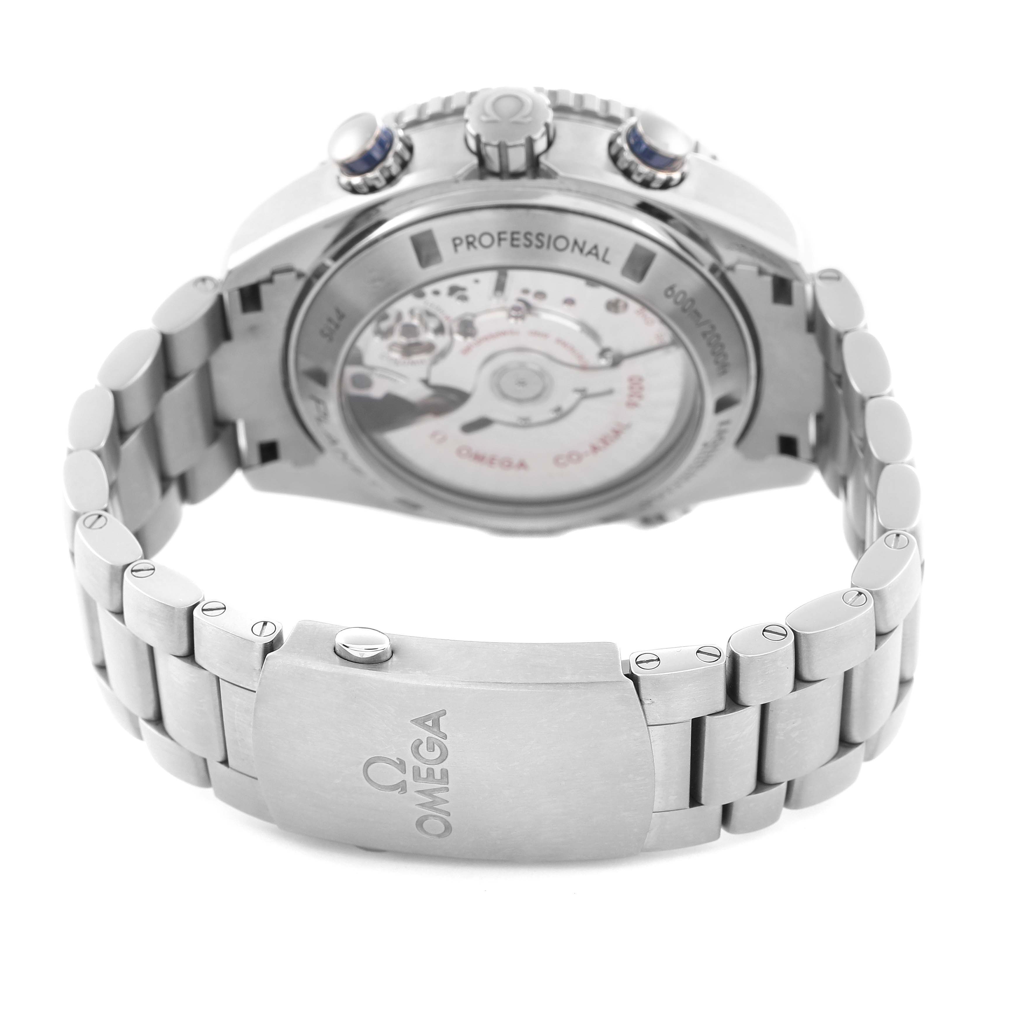 The Omega Planet Ocean 232.90.46.51.03.001 Men's Stainless Steel Blue Dial 232.90.46.51.03.001 Men's Stainless Steel Blue Dial watch is shown from the back, displaying its open movement, case, and bracelet clasp.