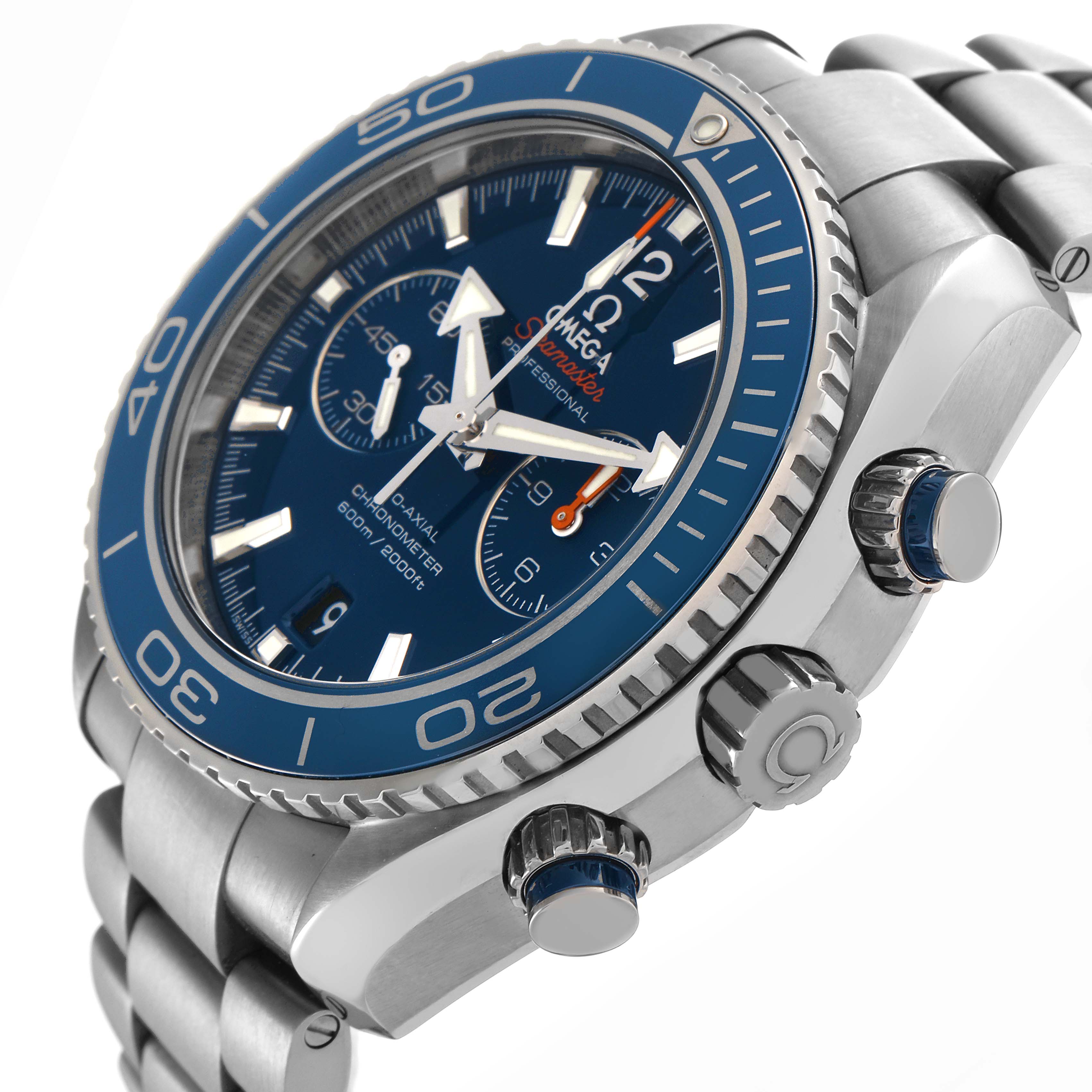 The image shows the Omega Planet Ocean 232.90.46.51.03.001 Men's Stainless Steel Blue Dial 232.90.46.51.03.001 Men's Stainless Steel Blue Dial watch at an angled side view, highlighting the face, bezel, crown, and bracelet.