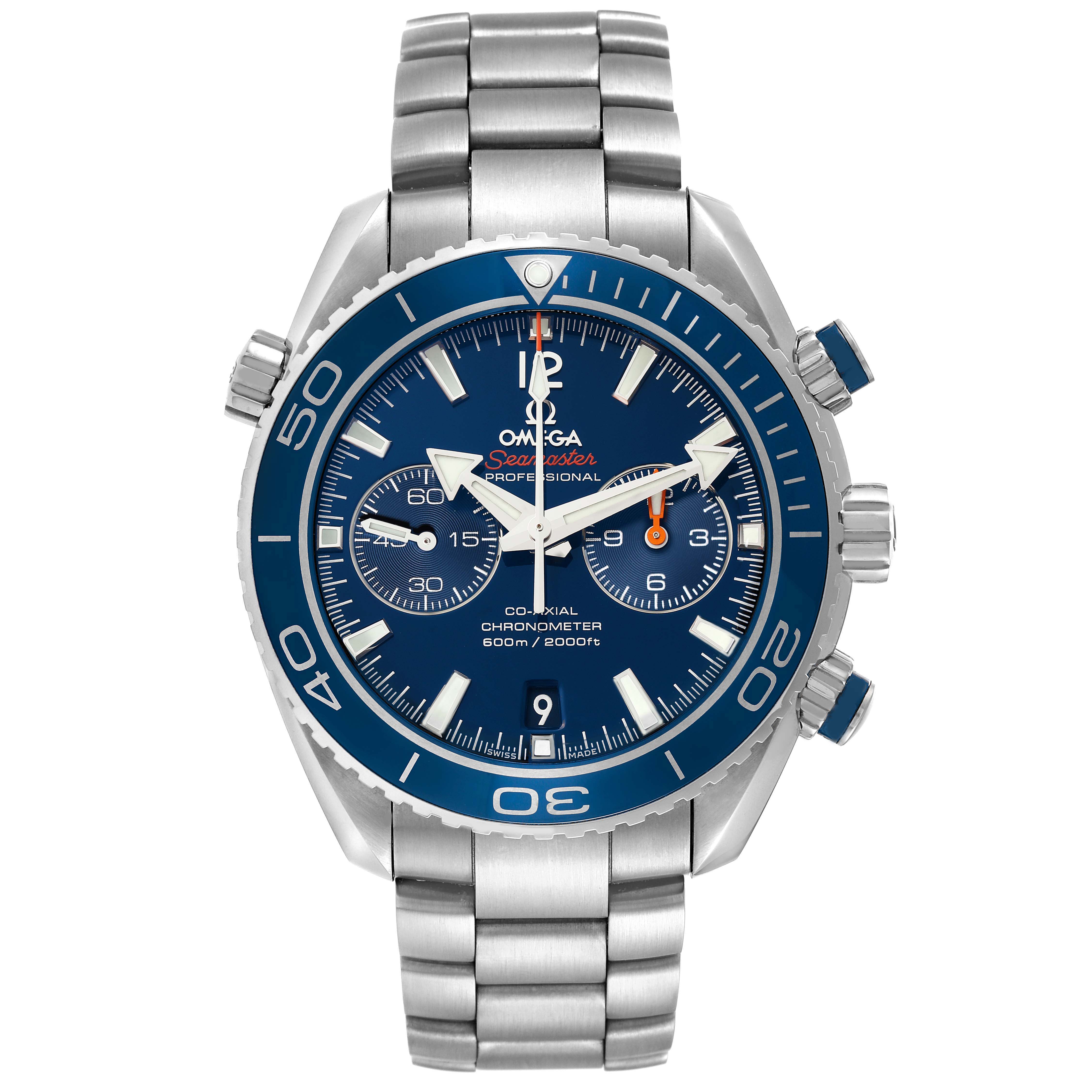 The Omega Planet Ocean 232.90.46.51.03.001 Men's Stainless Steel Blue Dial 232.90.46.51.03.001 Men's Stainless Steel Blue Dial watch is shown from a front angle, displaying its blue dial, subdials, bezel, and metal bracelet.