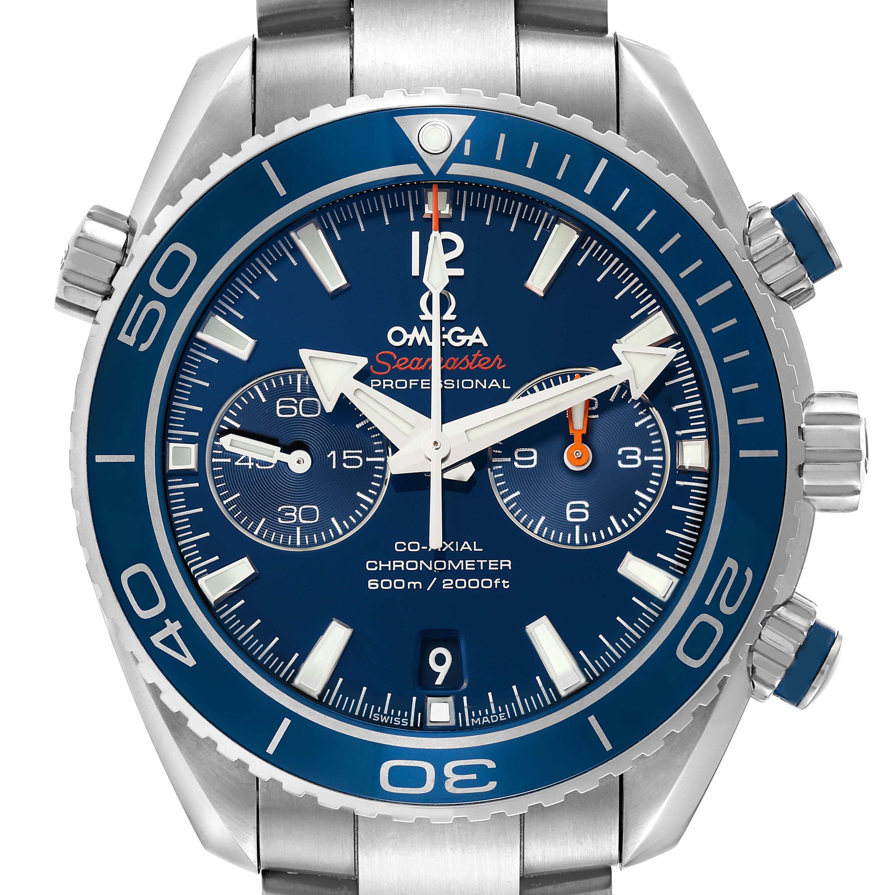 The Omega Planet Ocean 232.90.46.51.03.001 Men's Stainless Steel Blue Dial 232.90.46.51.03.001 Men's Stainless Steel Blue Dial watch is shown from a front angle, displaying the face, bezel, and chronograph subdials.