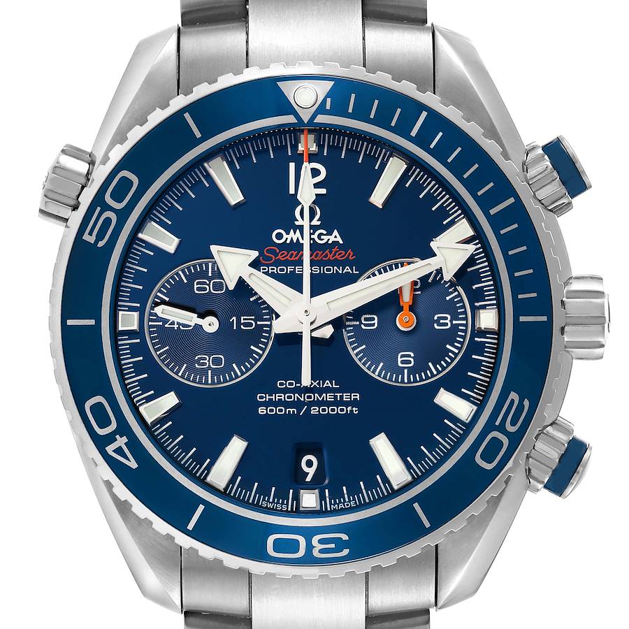 The Omega Planet Ocean watch is shown from a front angle, displaying the face, bezel, and chronograph subdials.