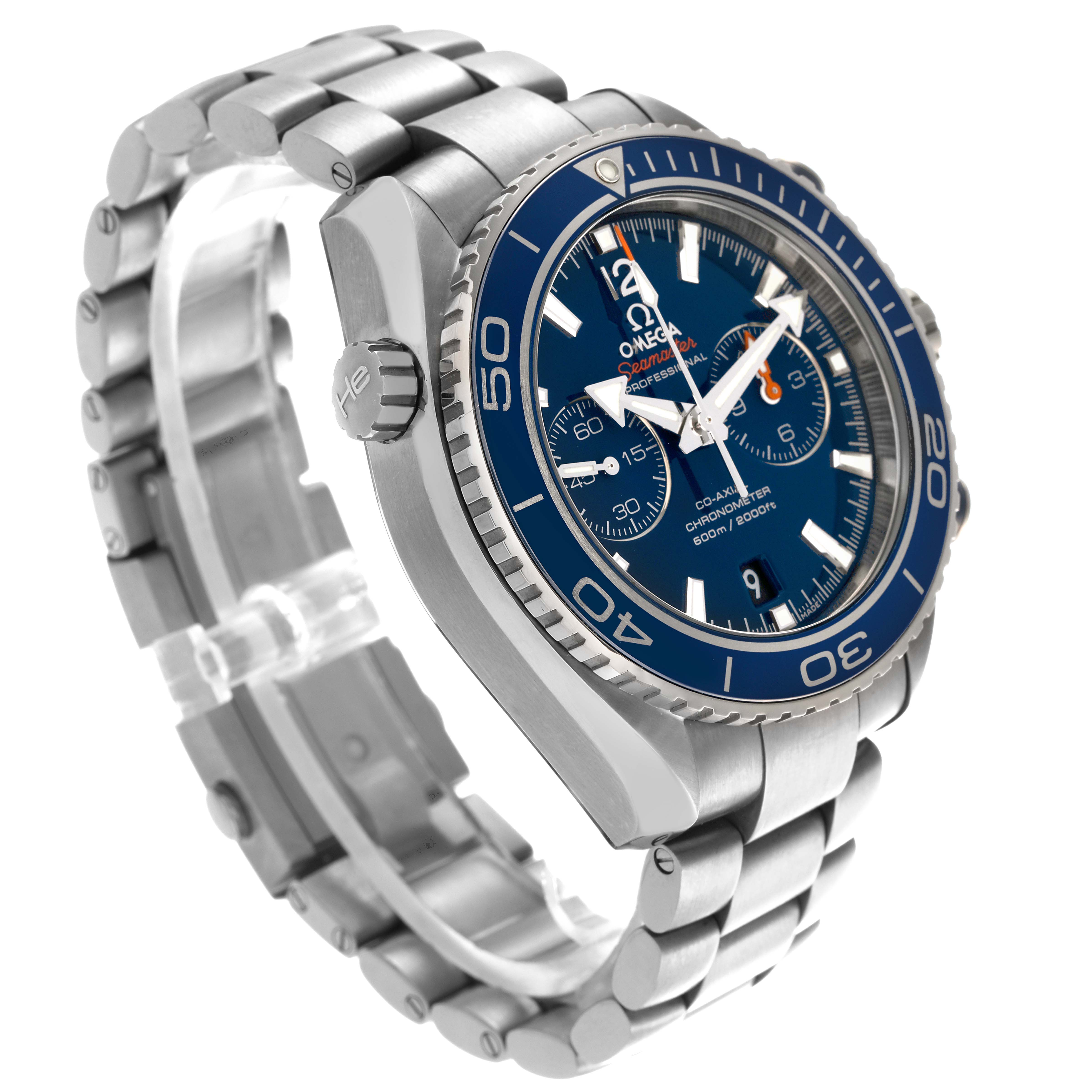 The Omega Planet Ocean 232.90.46.51.03.001 Men's Stainless Steel Blue Dial 232.90.46.51.03.001 Men's Stainless Steel Blue Dial watch is shown from a front angle, highlighting the blue dial, bezel, and stainless steel bracelet.