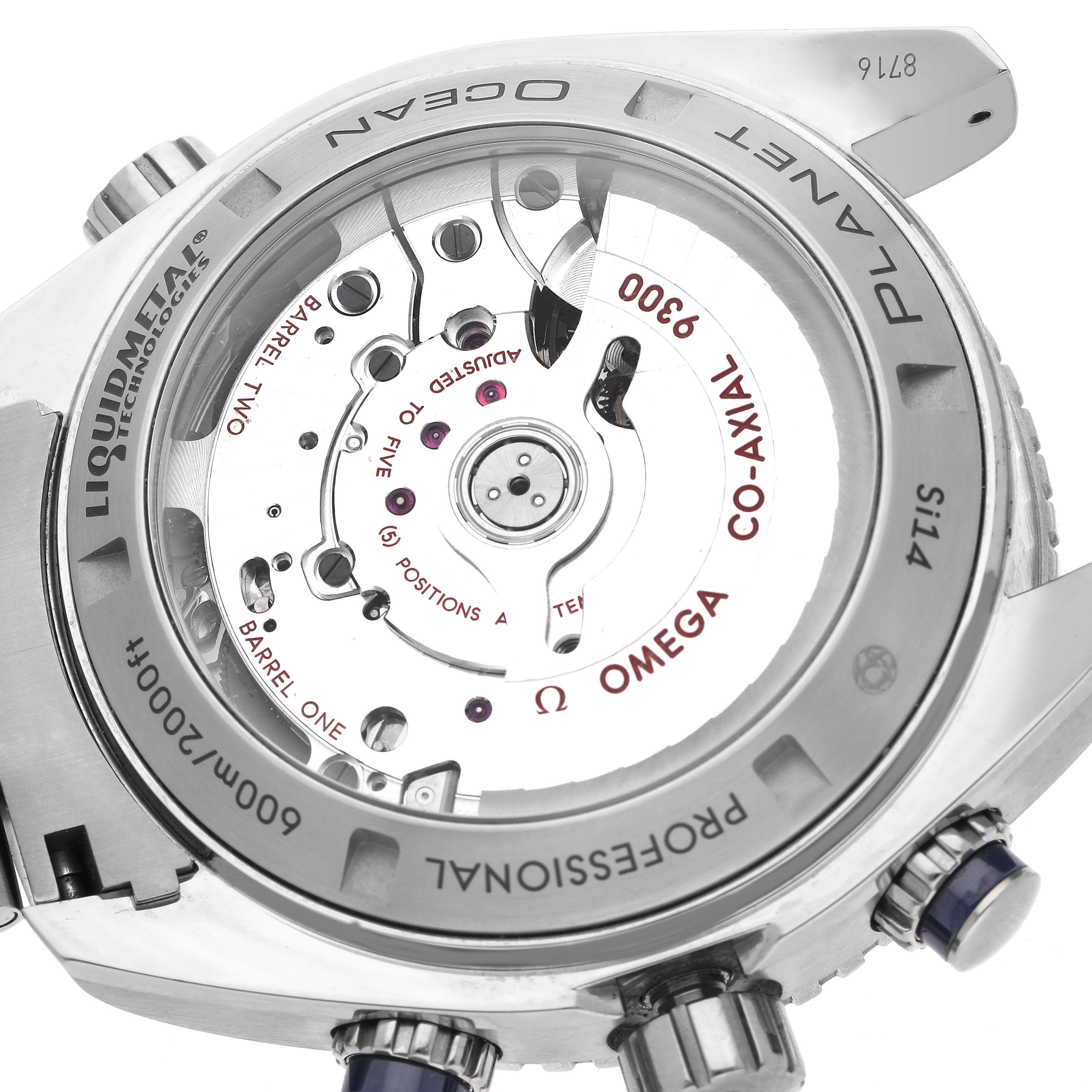 The image shows the back view of an Omega Planet Ocean 232.90.46.51.03.001 Men's Stainless Steel Blue Dial 232.90.46.51.03.001 Men's Stainless Steel Blue Dial, highlighting its Co-Axial movement and case details.