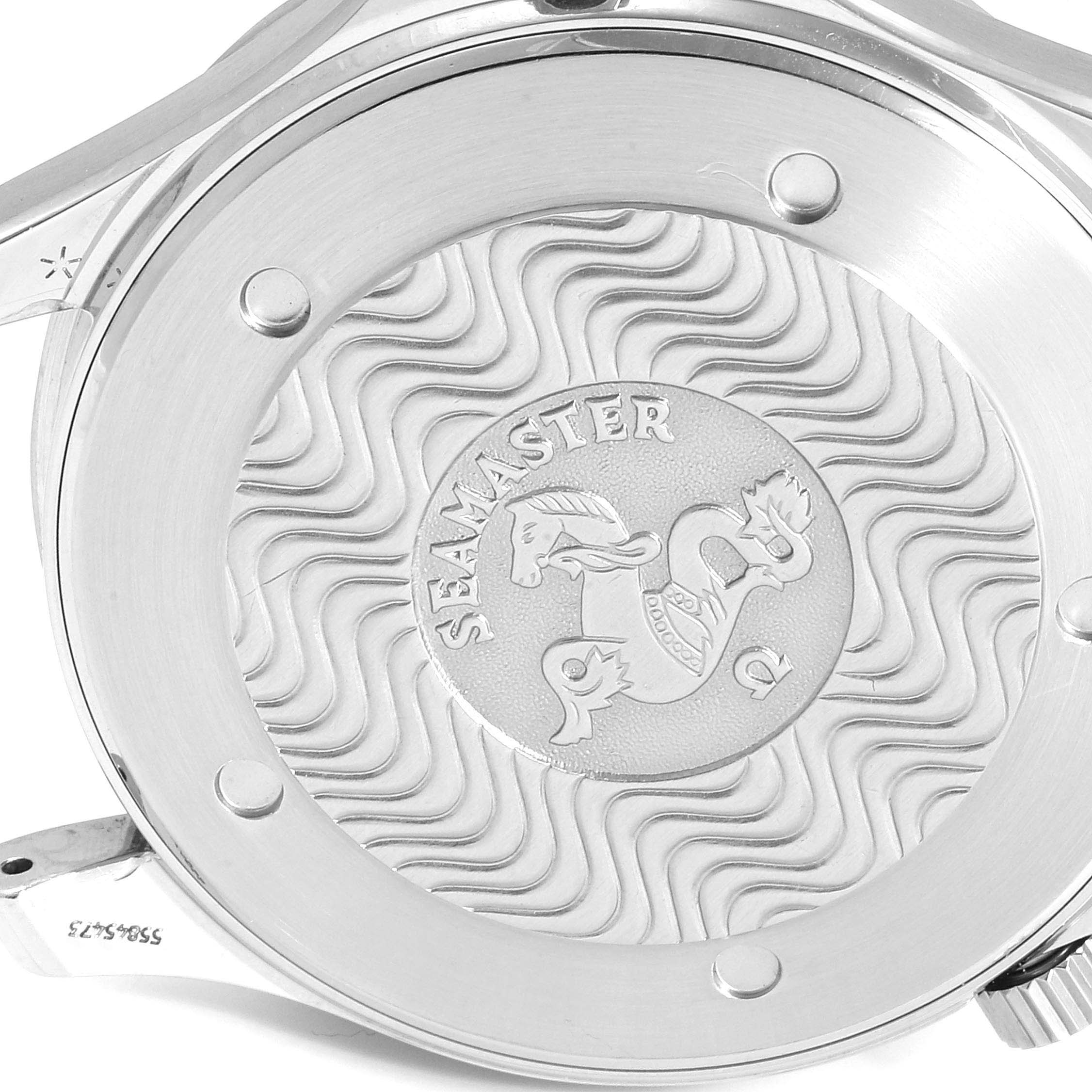 Close-up of the case back of the Omega Seamaster 2542.80.00 Men
s Stainless Steel Blue Dial 2542.80.00 Men
s Stainless Steel Blue Dial watch, featuring the wavy etching and emblem.