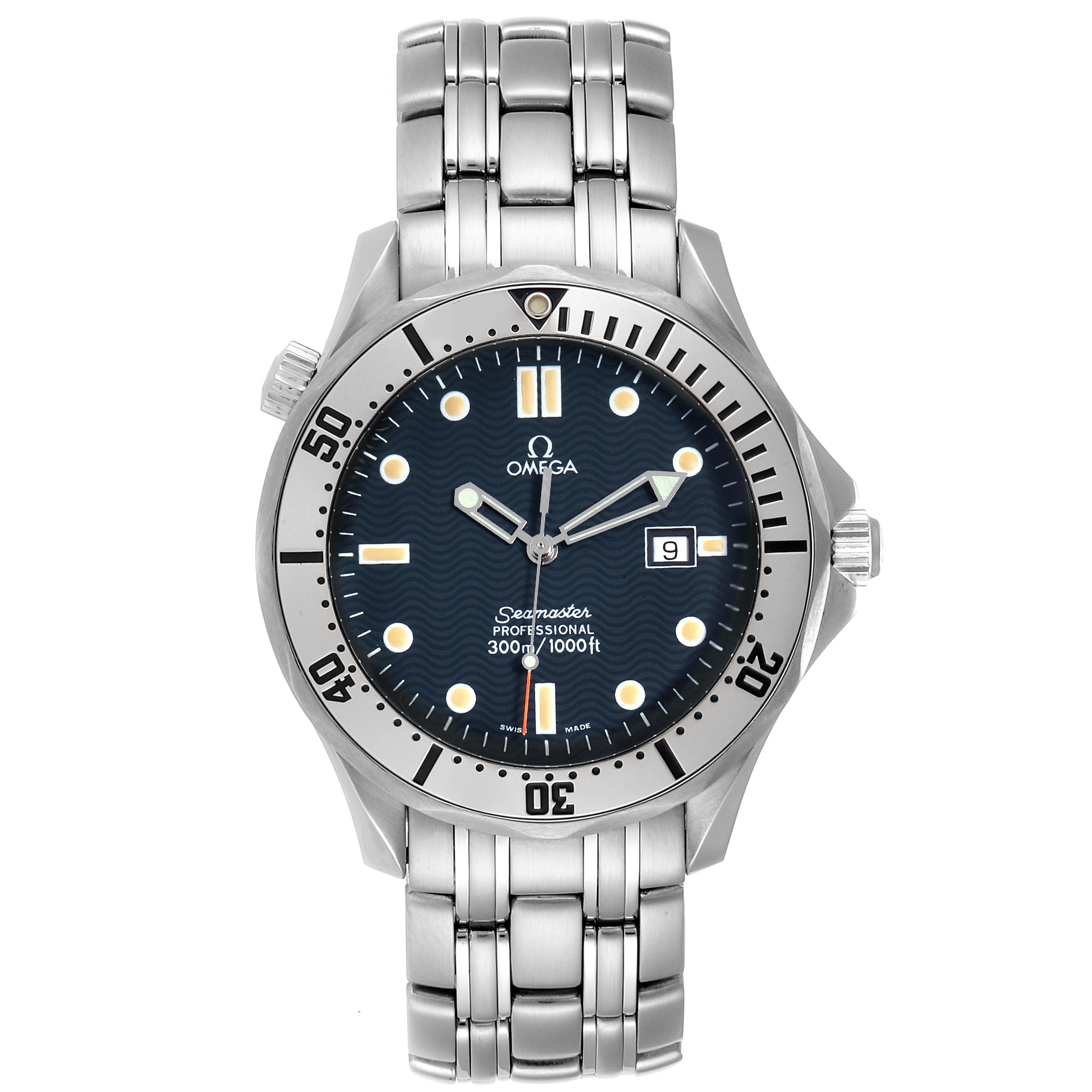 The Omega Seamaster 2542.80.00 Men
s Stainless Steel Blue Dial 2542.80.00 Men
s Stainless Steel Blue Dial watch is shown from a front view, highlighting its dial, bezel, bracelet, and crown.