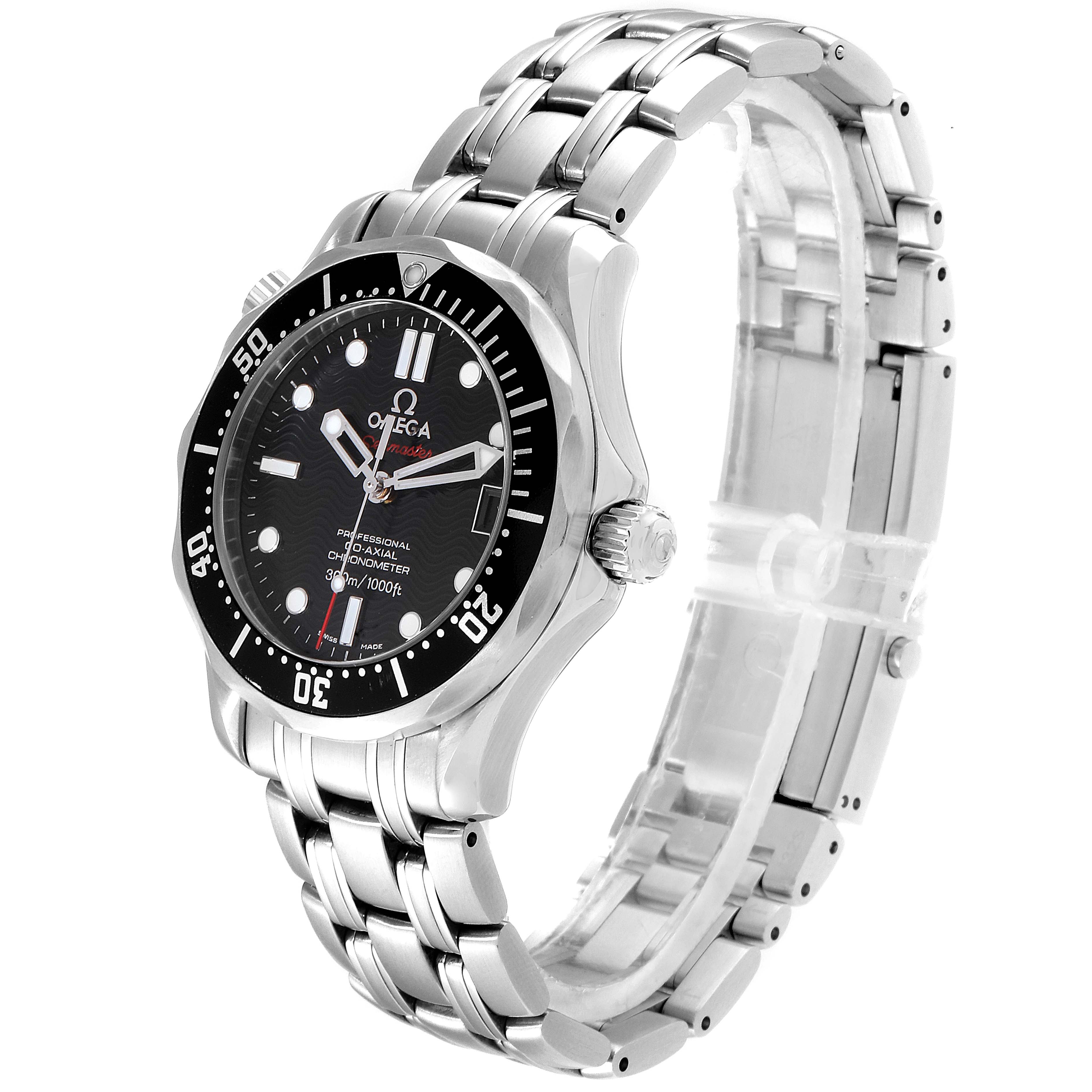 The image shows a side angle of the Omega Seamaster 212.30.36.20.01.001  Men
s Stainless Steel Black Dial 212.30.36.20.01.001  Men
s Stainless Steel Black Dial watch, highlighting its dial, bezel, crown, and metal bracelet.