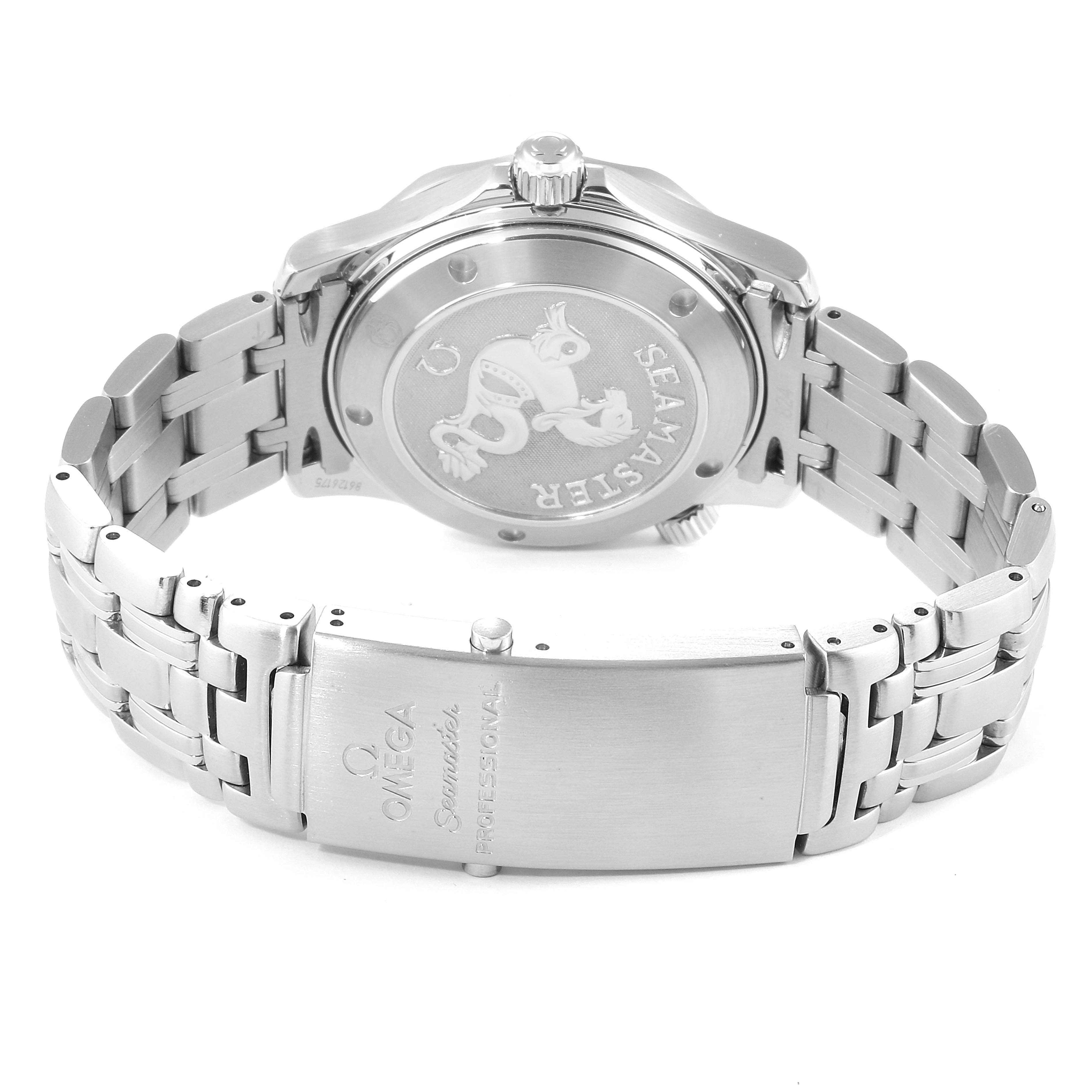 This image shows the back view of the Omega Seamaster 212.30.36.20.01.001  Men
s Stainless Steel Black Dial 212.30.36.20.01.001  Men
s Stainless Steel Black Dial watch, displaying its case back and bracelet clasp.