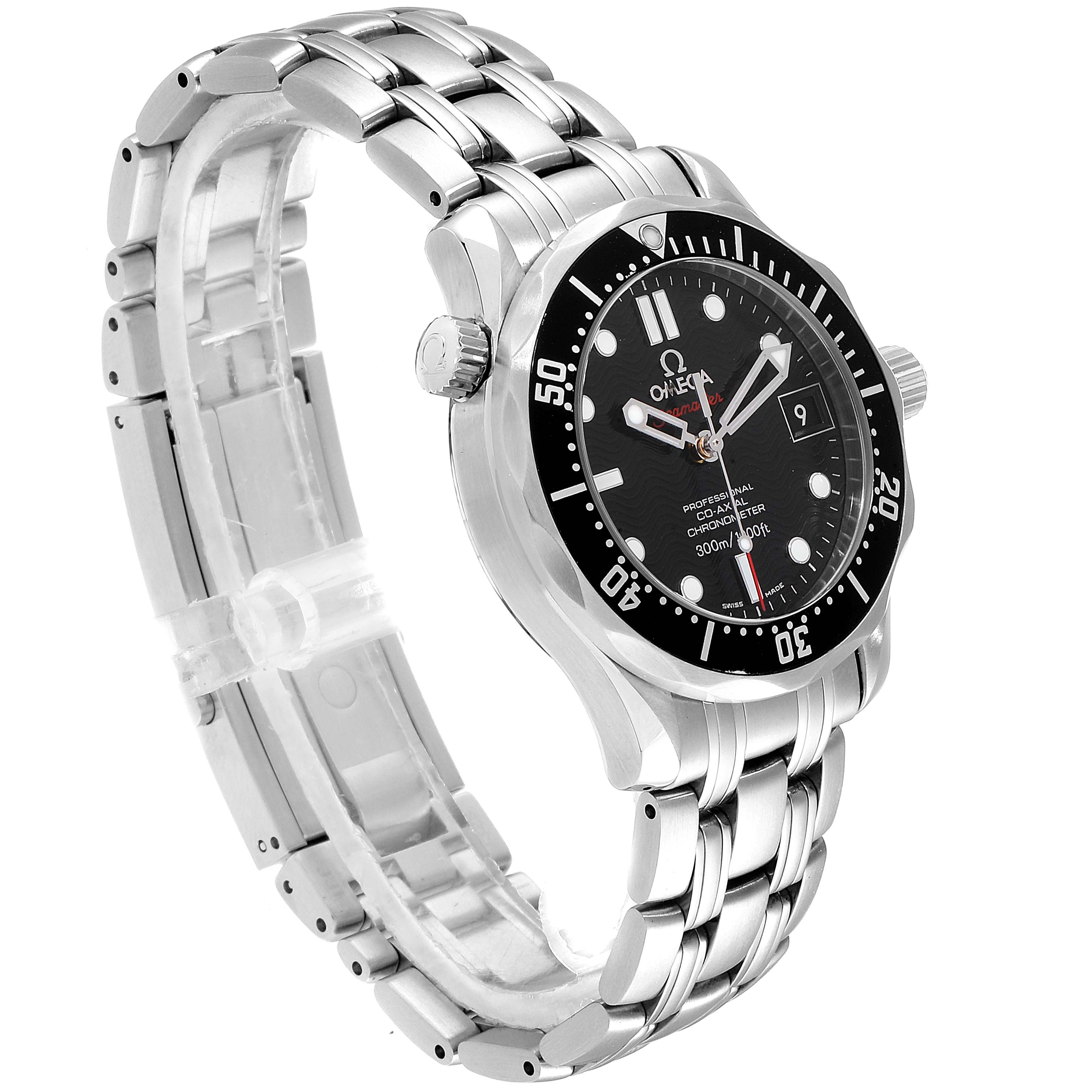 The Omega Seamaster 212.30.36.20.01.001  Men
s Stainless Steel Black Dial 212.30.36.20.01.001  Men
s Stainless Steel Black Dial watch is shown at an angled side view, displaying its stainless steel bracelet, bezel, dial, and crown.