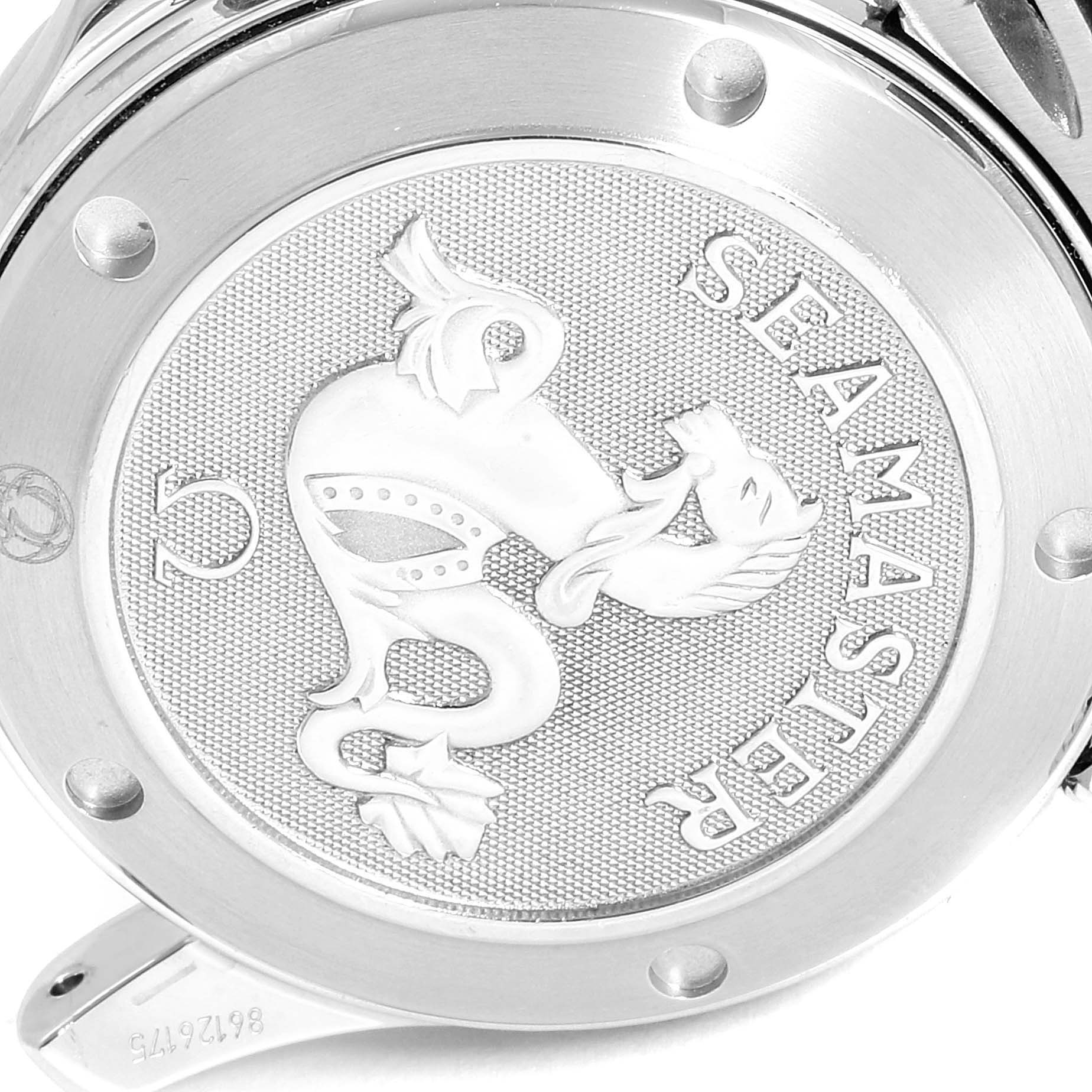 This image shows the case back of an Omega Seamaster 212.30.36.20.01.001  Men
s Stainless Steel Black Dial 212.30.36.20.01.001  Men
s Stainless Steel Black Dial watch engraved with the Seamaster logo.