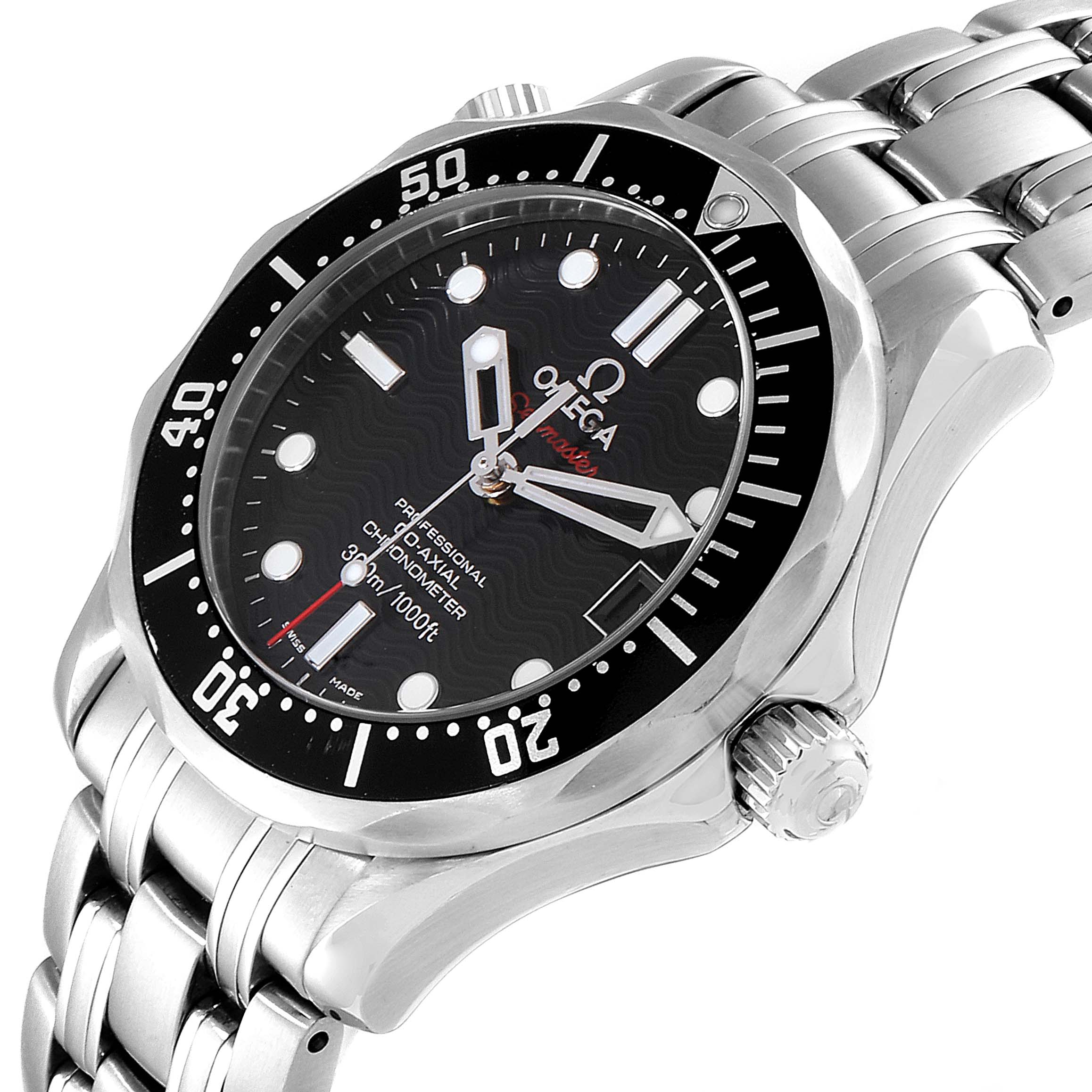 The Omega Seamaster 212.30.36.20.01.001  Men
s Stainless Steel Black Dial 212.30.36.20.01.001  Men
s Stainless Steel Black Dial watch is shown at a slight angle, highlighting the face, bezel, and stainless steel bracelet.