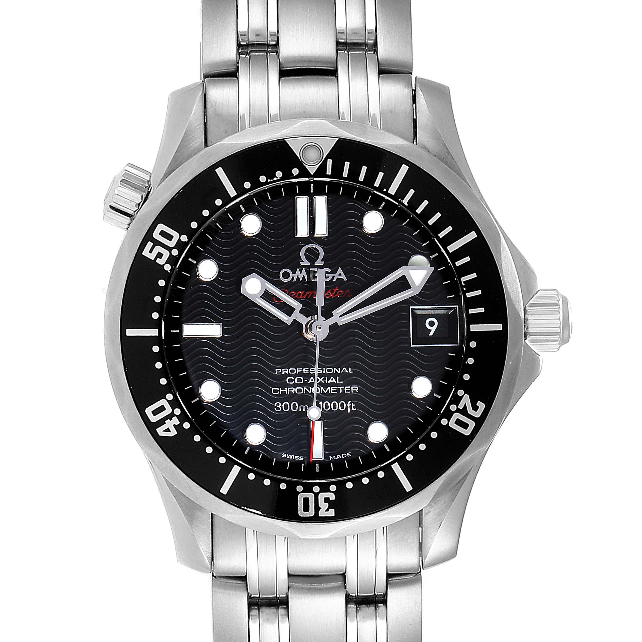 The image shows a frontal view of the Omega Seamaster 212.30.36.20.01.001  Men
s Stainless Steel Black Dial 212.30.36.20.01.001  Men
s Stainless Steel Black Dial watch, highlighting the dial, bezel, and stainless steel bracelet.