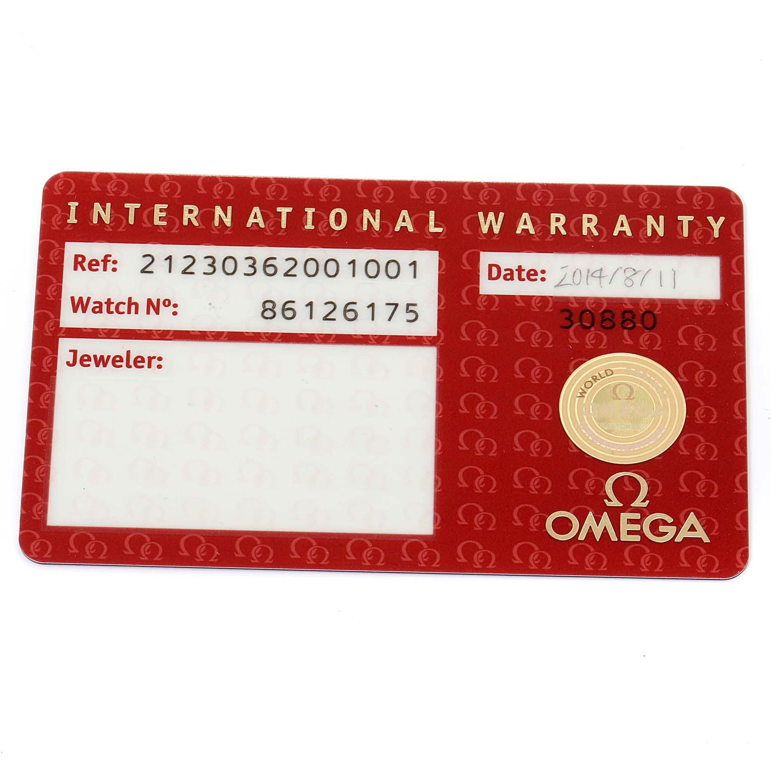 The image shows the warranty card for an Omega Seamaster 212.30.36.20.01.001  Men
s Stainless Steel Black Dial 212.30.36.20.01.001  Men
s Stainless Steel Black Dial watch, displaying the reference number, watch number, and date of purchase.