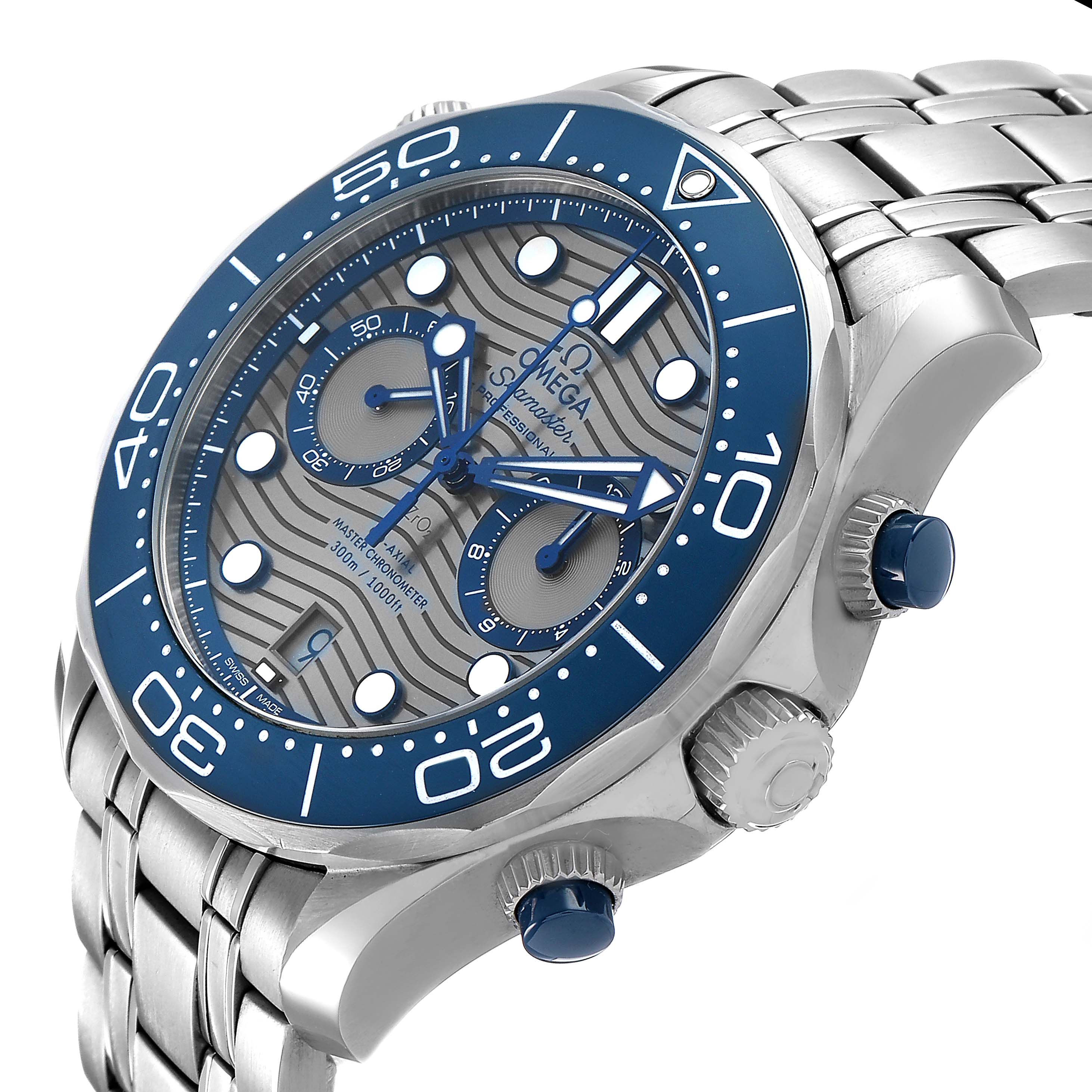 The Omega Seamaster 210.30.44.51.06.001 Men's Stainless Steel Grey Dial watch is shown at an angle highlighting the bezel, face, crown, and stainless steel bracelet.