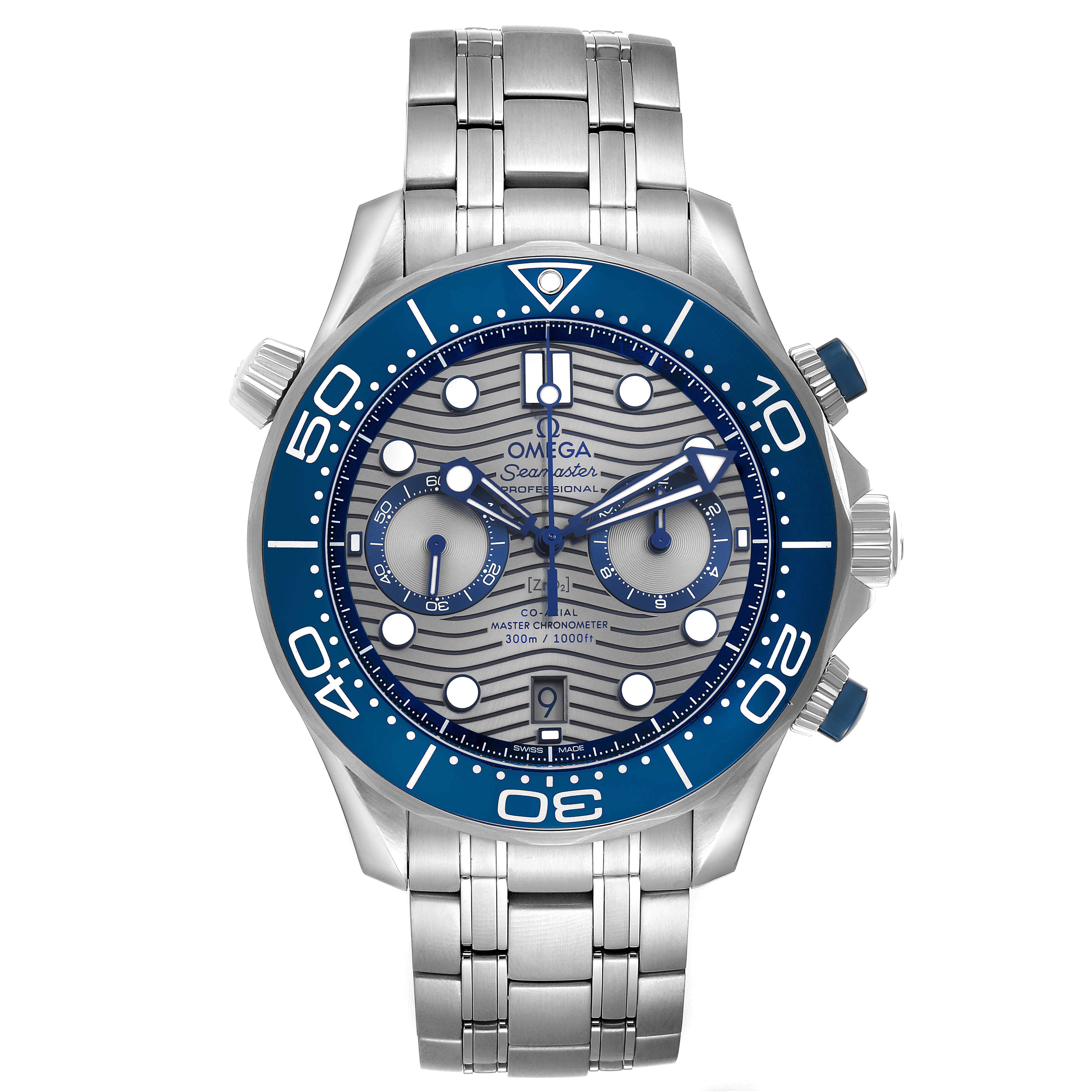 The Omega Seamaster 210.30.44.51.06.001 Men's Stainless Steel Grey Dial watch is shown from a front view, displaying its face, bezel, and metal bracelet.