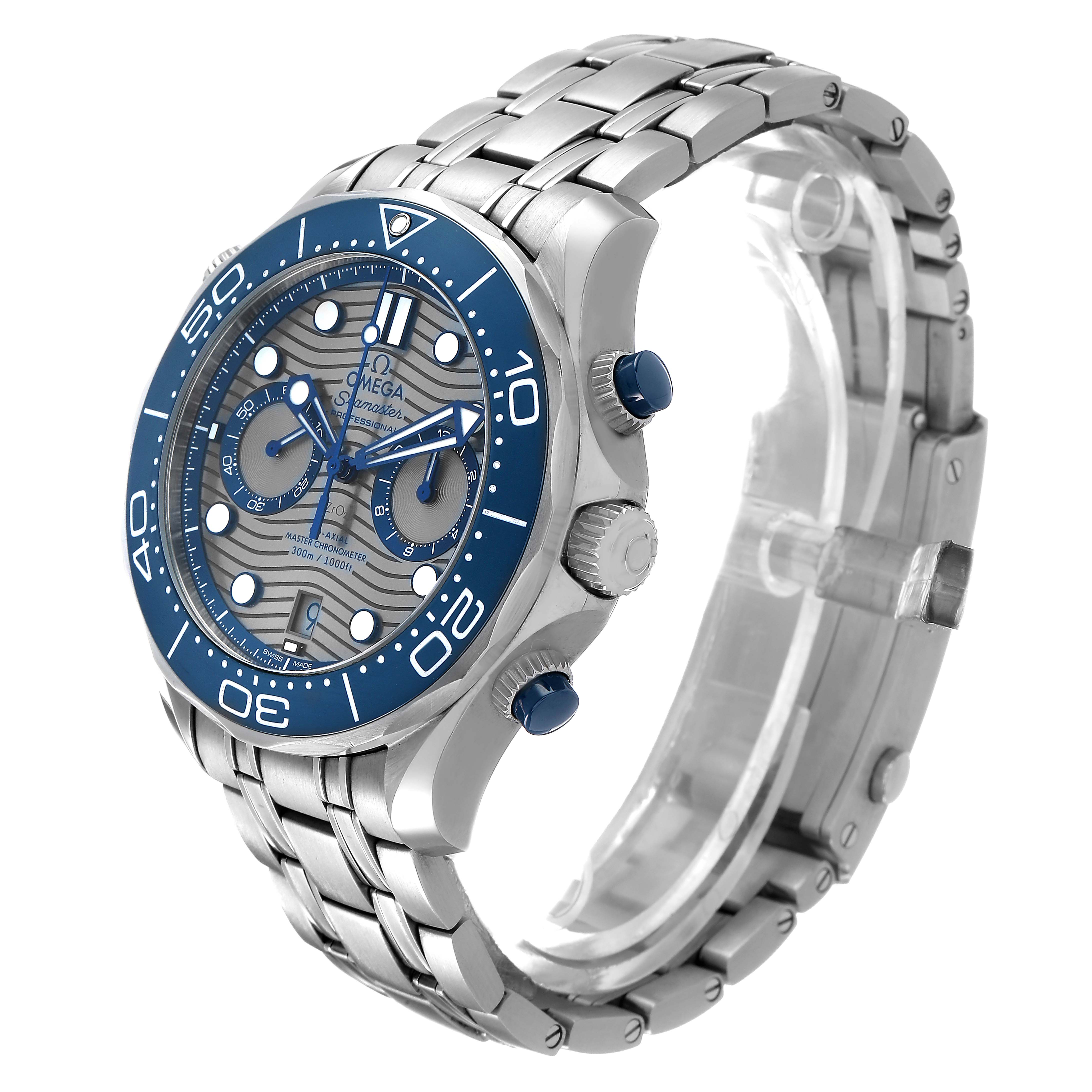 The Omega Seamaster 210.30.44.51.06.001 Men's Stainless Steel Grey Dial watch is shown at a three-quarter angle, highlighting the bezel, dial, crown, and bracelet.