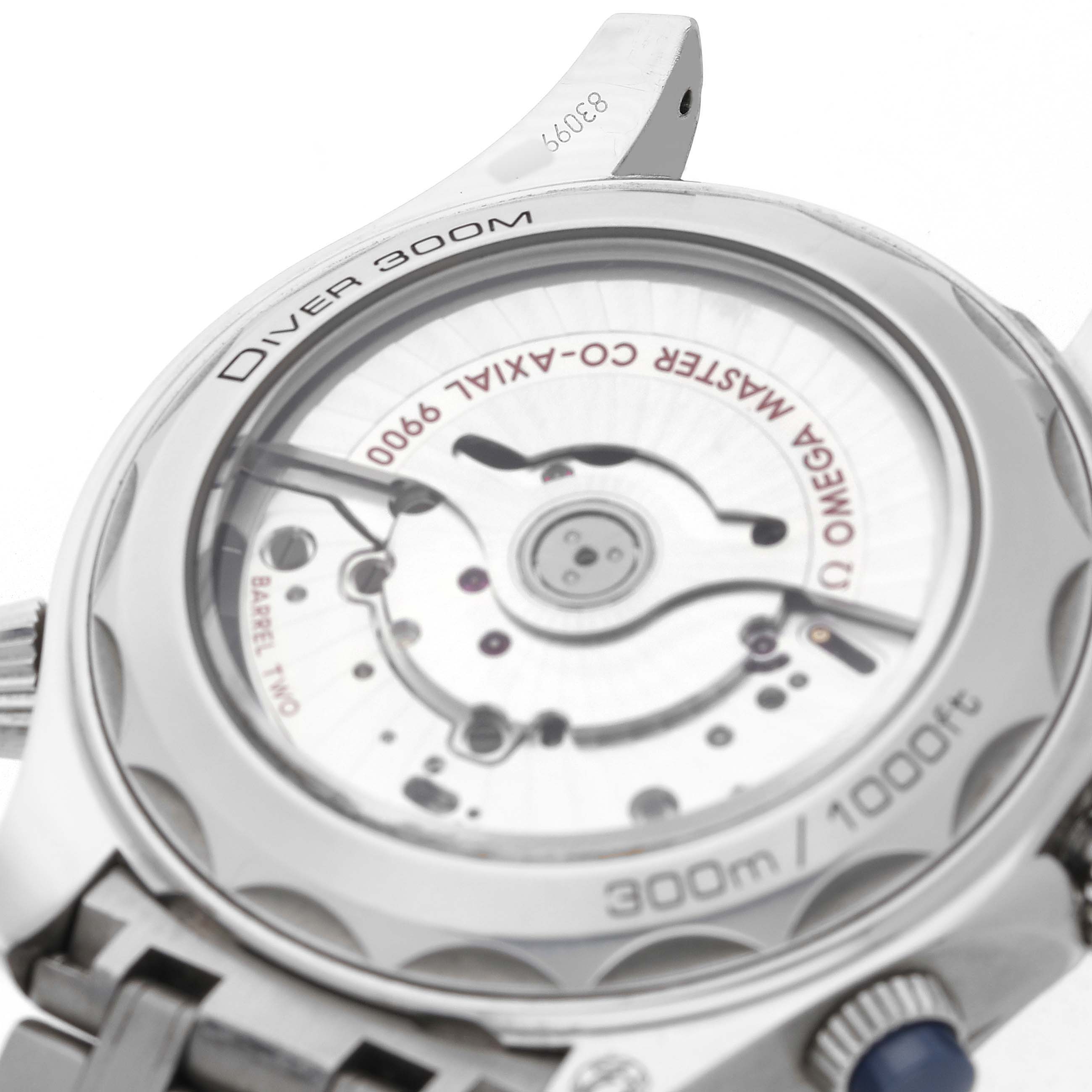 The image shows the back view of the Omega Seamaster 210.30.44.51.06.001 Men's Stainless Steel Grey Dial watch, highlighting the Co-Axial movement and water resistance details.
