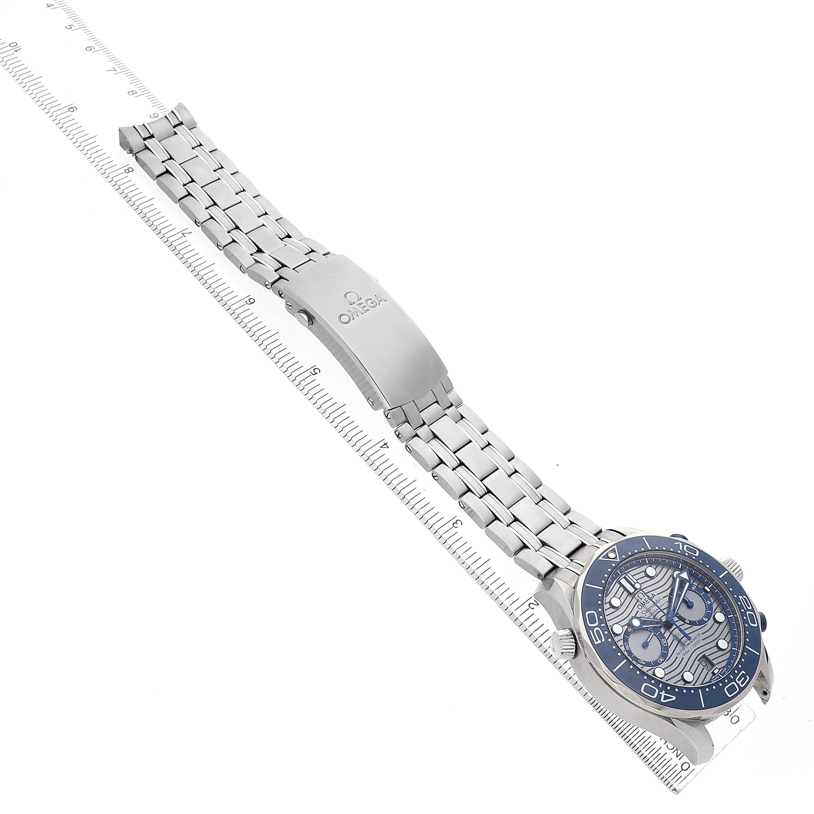 The Omega Seamaster 210.30.44.51.06.001 Men's Stainless Steel Grey Dial watch is shown from a side angle, displaying the face, bezel, bracelet, and clasp prominently.