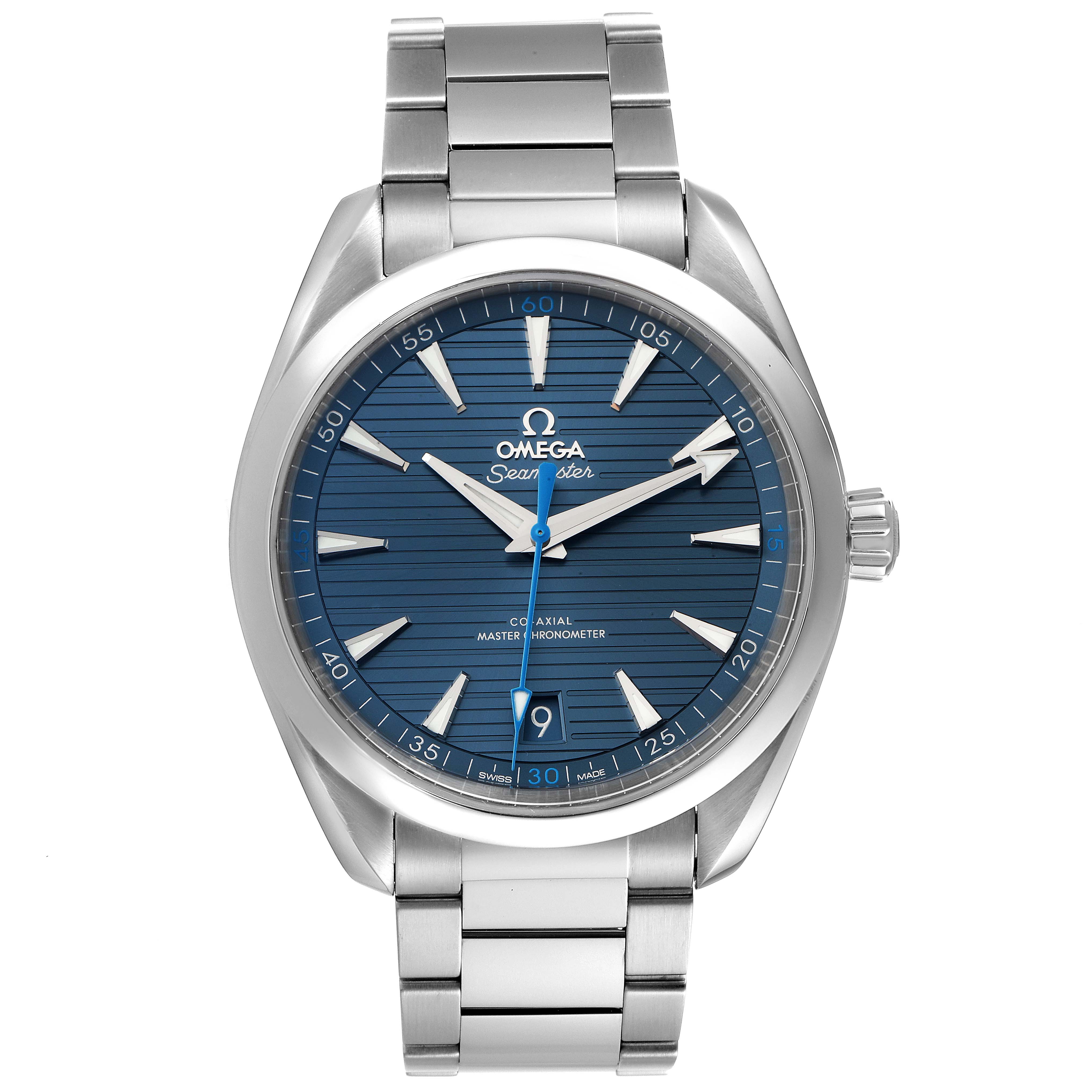 The image shows the front view of the Omega Aqua Terra 220.10.41.21.03.002 Men's Stainless Steel Blue Dial 220.10.41.21.03.002 Men's Stainless Steel Blue Dial watch, showcasing its blue dial, stainless steel case, and bracelet.