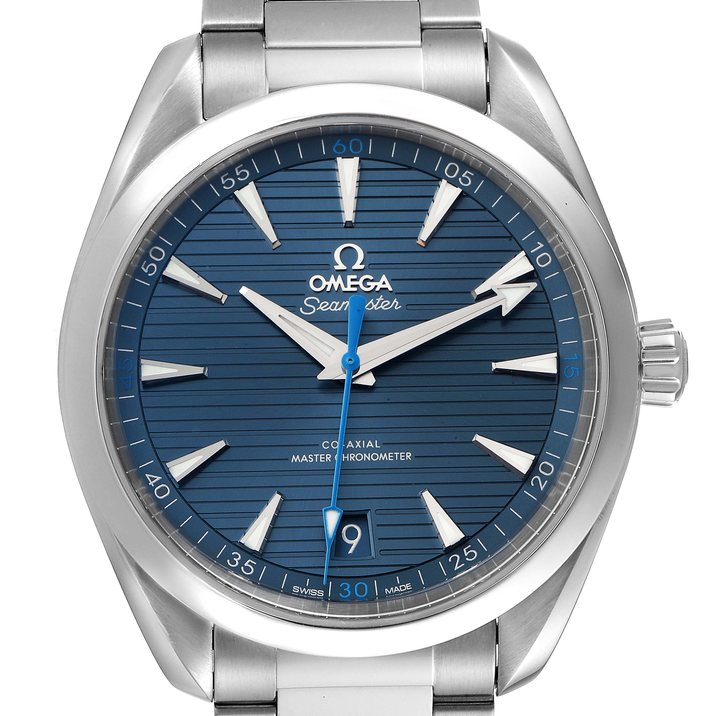 The Omega Aqua Terra 220.10.41.21.03.002 Men's Stainless Steel Blue Dial 220.10.41.21.03.002 Men's Stainless Steel Blue Dial watch is shown from a front view, highlighting its blue dial, hands, date window, and part of the bracelet.