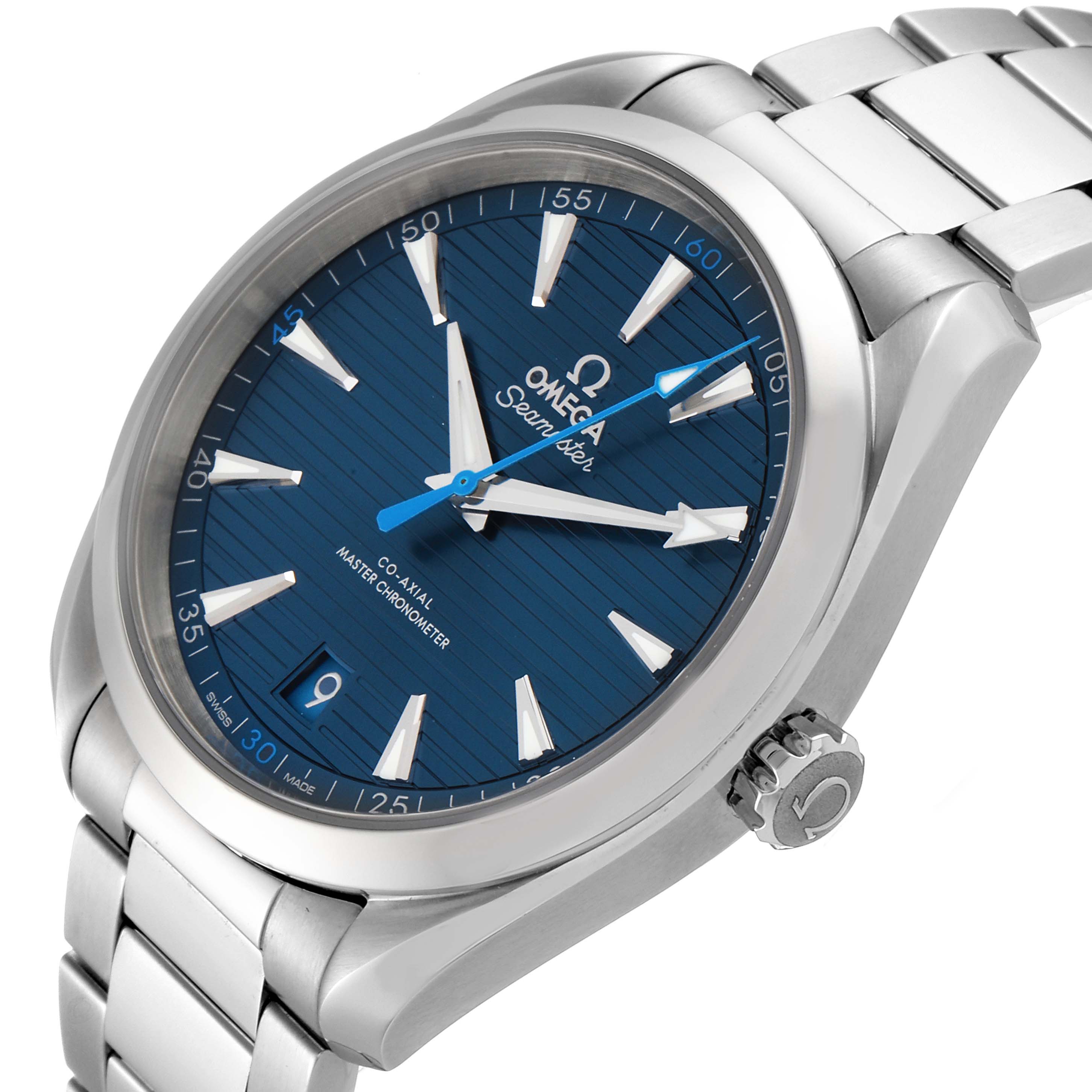 The Omega Aqua Terra 220.10.41.21.03.002 Men's Stainless Steel Blue Dial 220.10.41.21.03.002 Men's Stainless Steel Blue Dial watch is shown from a slight upper side angle, highlighting the dial, bezel, crown, and bracelet.