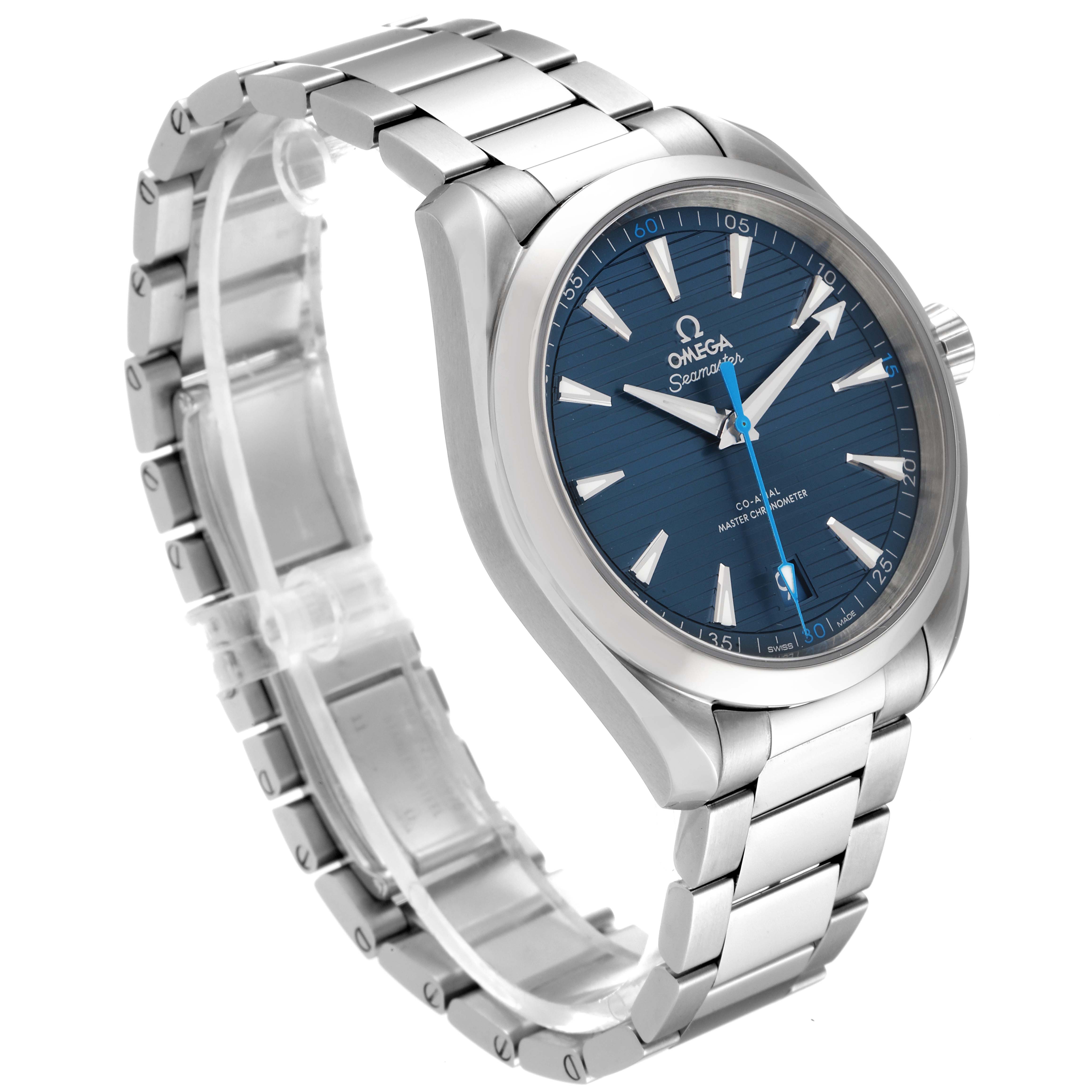 The Omega Aqua Terra 220.10.41.21.03.002 Men's Stainless Steel Blue Dial 220.10.41.21.03.002 Men's Stainless Steel Blue Dial watch is shown at an angle highlighting the blue dial, stainless steel case, and bracelet.