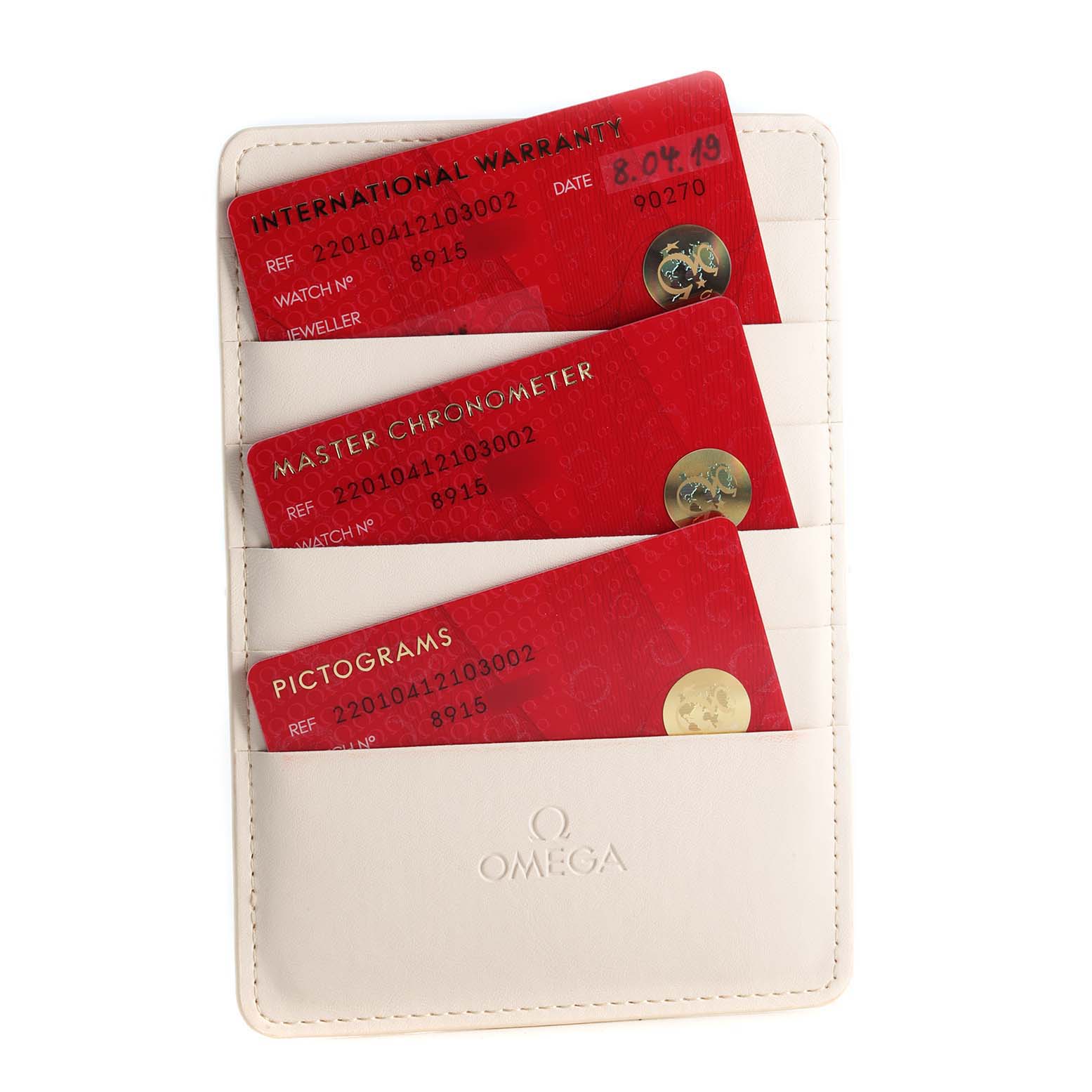 This image shows three red warranty and certification cards for the Omega Aqua Terra 220.10.41.21.03.002 Men's Stainless Steel Blue Dial 220.10.41.21.03.002 Men's Stainless Steel Blue Dial watch, inside a white Omega-branded card holder.