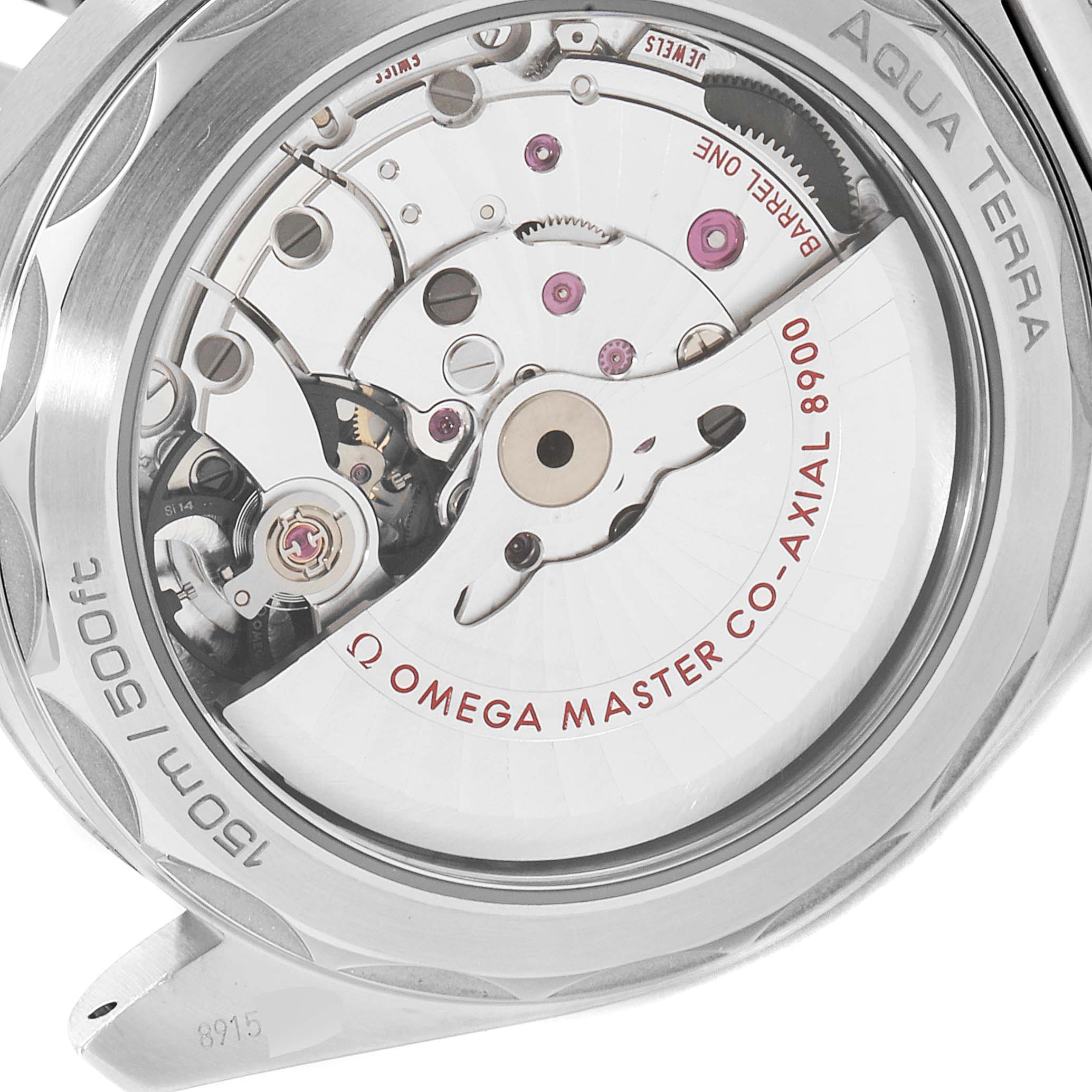 The image shows the inner mechanics and movement of the Omega Aqua Terra 220.10.41.21.03.002 Men's Stainless Steel Blue Dial 220.10.41.21.03.002 Men's Stainless Steel Blue Dial watch from a rear angle.