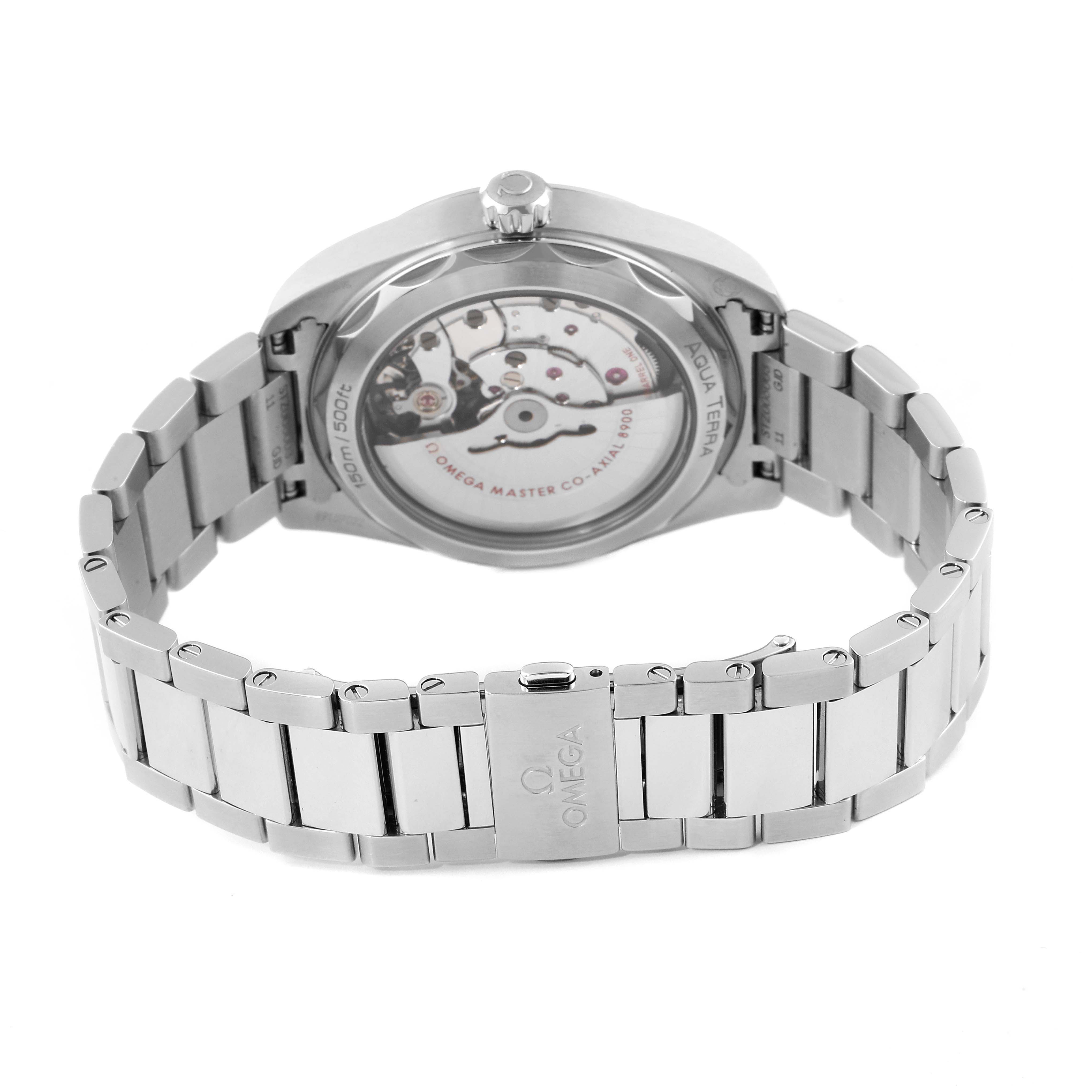 The image shows the back and bracelet of an Omega Aqua Terra 220.10.41.21.03.002 Men's Stainless Steel Blue Dial 220.10.41.21.03.002 Men's Stainless Steel Blue Dial watch, highlighting its open case back with visible movement.