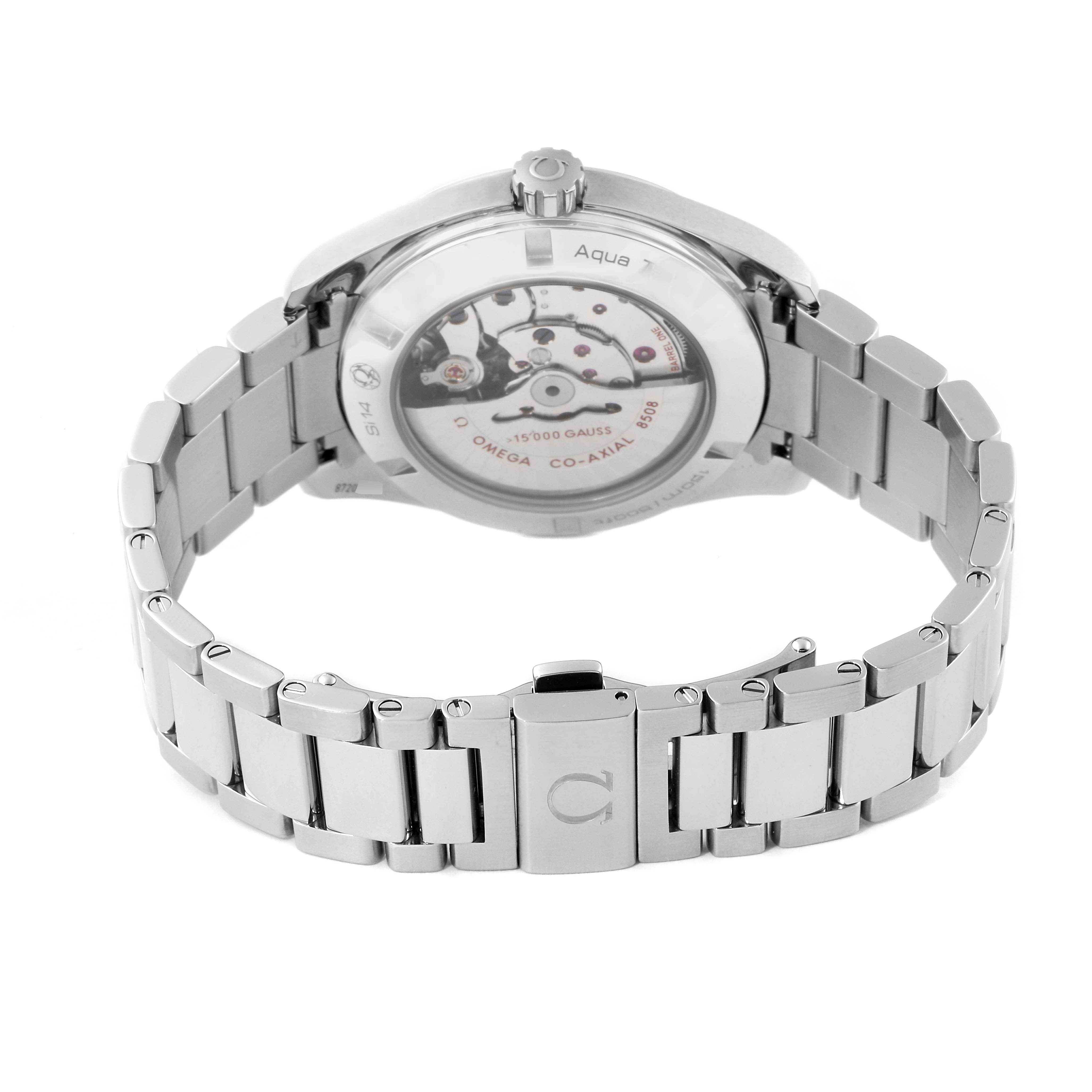 The image shows the back angle of the Omega Aqua Terra 231.10.42.21.01.002 Men's Stainless Steel Black Dial 231.10.42.21.01.002 Men's Stainless Steel Black Dial watch, highlighting its stainless steel bracelet and visible movement.