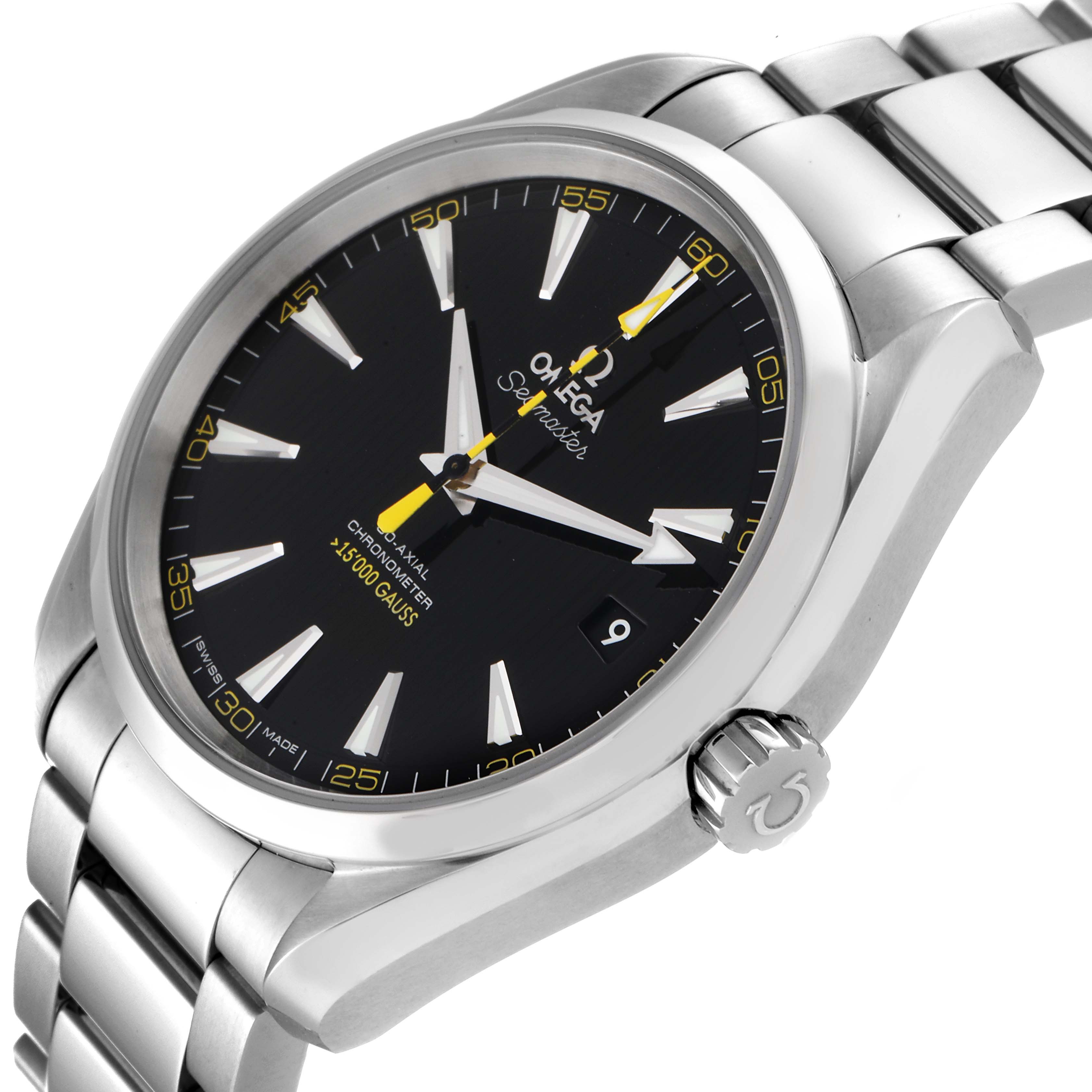 The image shows an angled view of the Omega Aqua Terra 231.10.42.21.01.002 Men's Stainless Steel Black Dial 231.10.42.21.01.002 Men's Stainless Steel Black Dial watch's face and stainless steel bracelet.