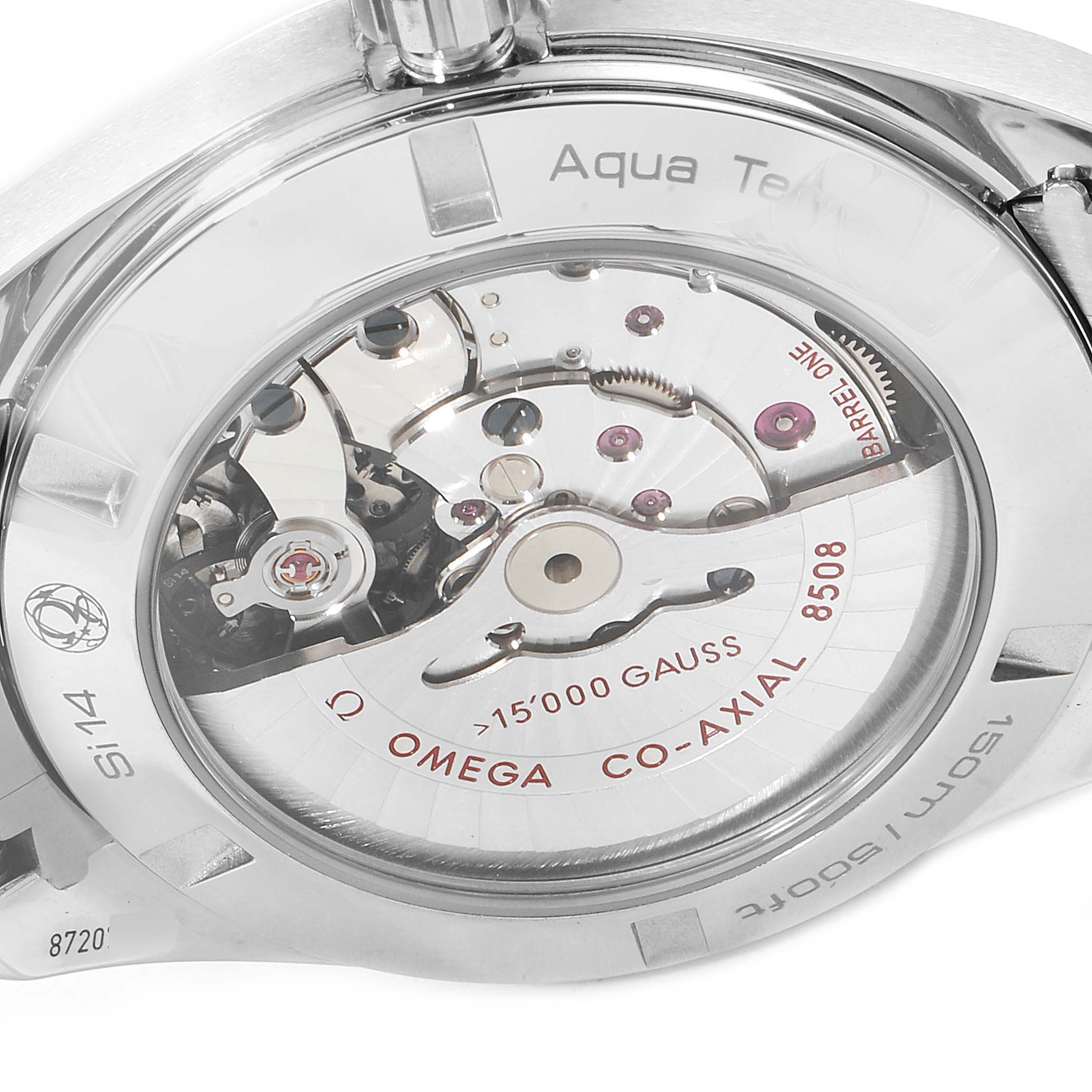 This image shows the open case back of the Omega Aqua Terra 231.10.42.21.01.002 Men's Stainless Steel Black Dial 231.10.42.21.01.002 Men's Stainless Steel Black Dial watch, revealing its mechanical movement.