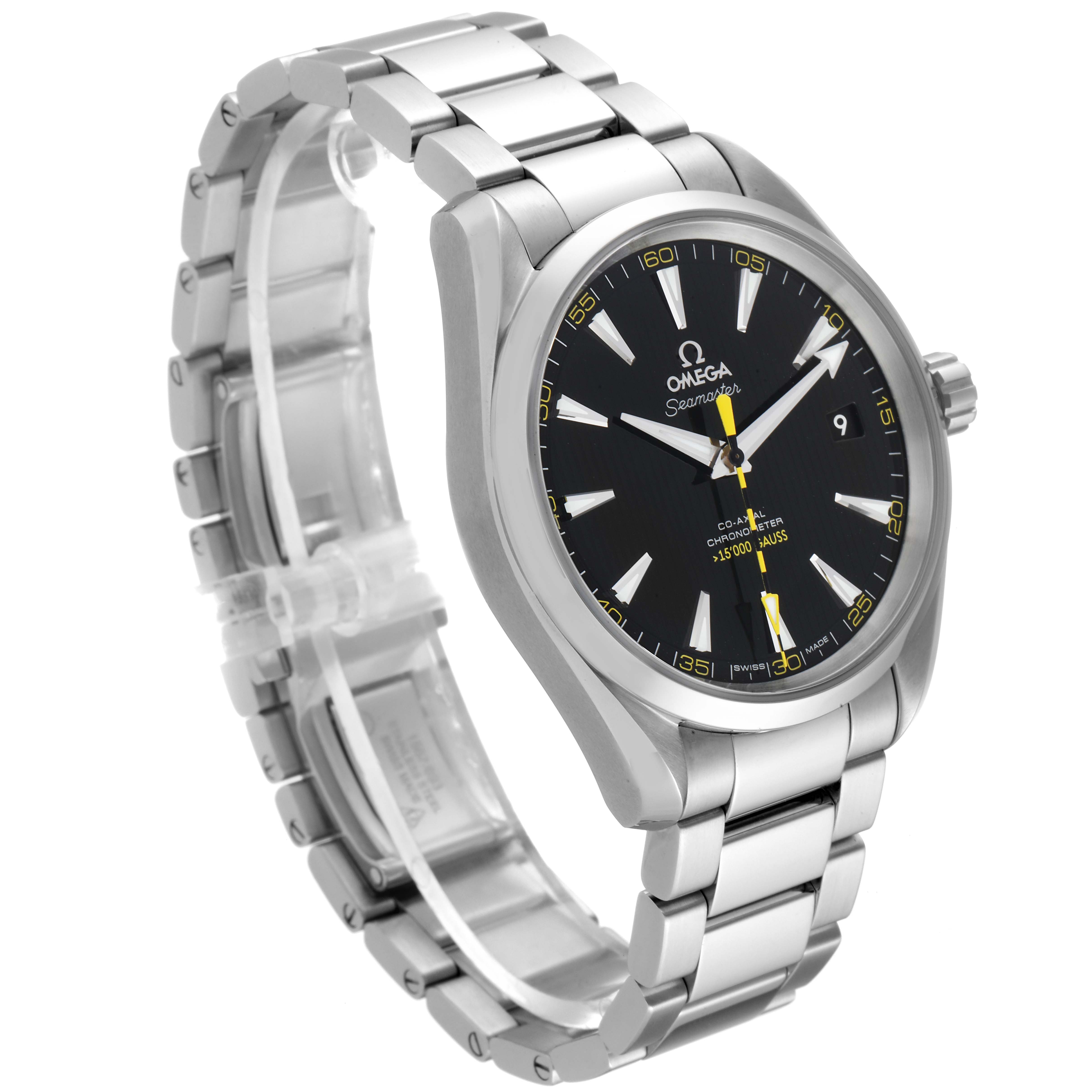 The Omega Aqua Terra 231.10.42.21.01.002 Men's Stainless Steel Black Dial 231.10.42.21.01.002 Men's Stainless Steel Black Dial watch is shown at an angled view, displaying the stainless steel bracelet, black dial, and case.