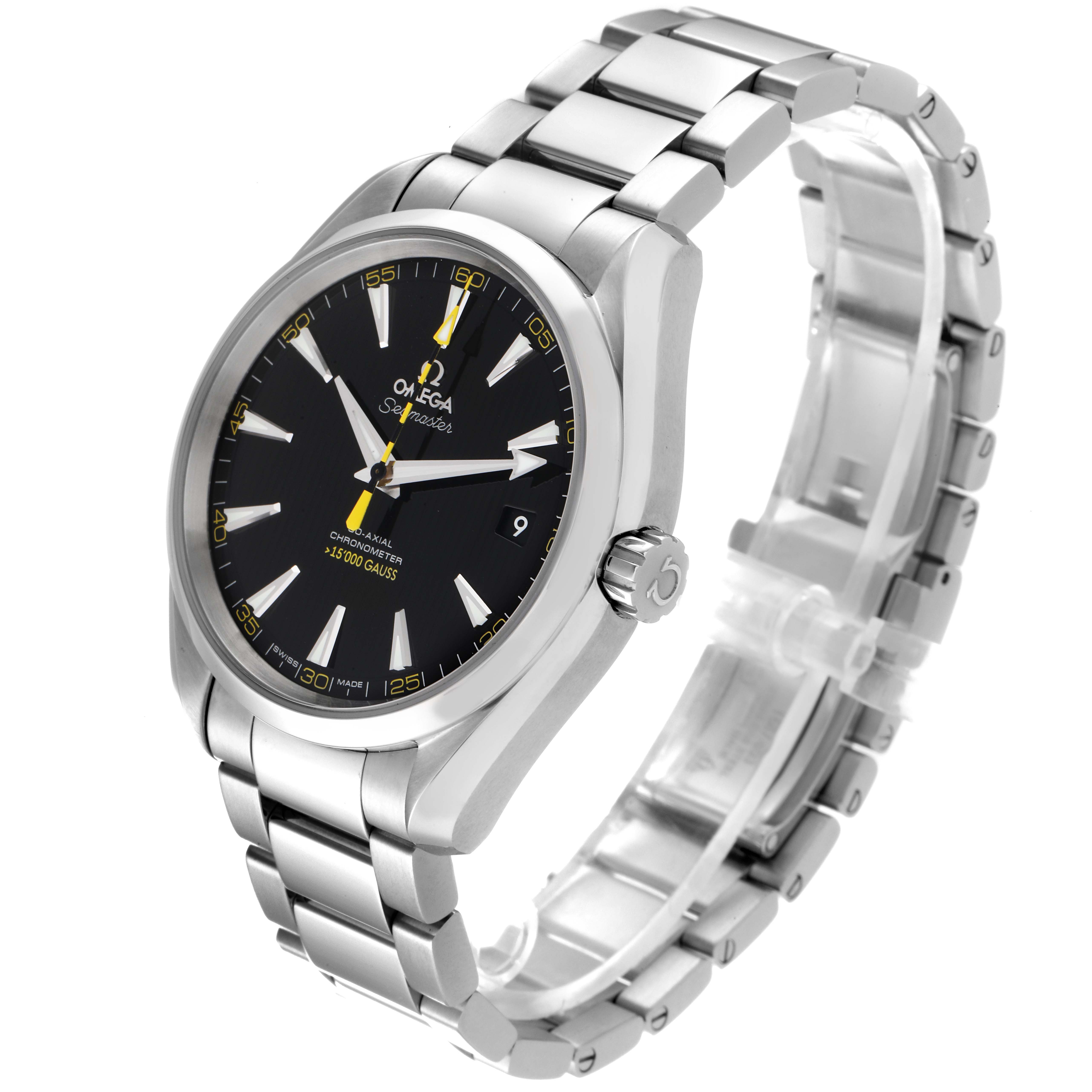 The image shows an Omega Aqua Terra 231.10.42.21.01.002 Men's Stainless Steel Black Dial 231.10.42.21.01.002 Men's Stainless Steel Black Dial watch from a three-quarter angle, highlighting the face, crown, and stainless steel bracelet.