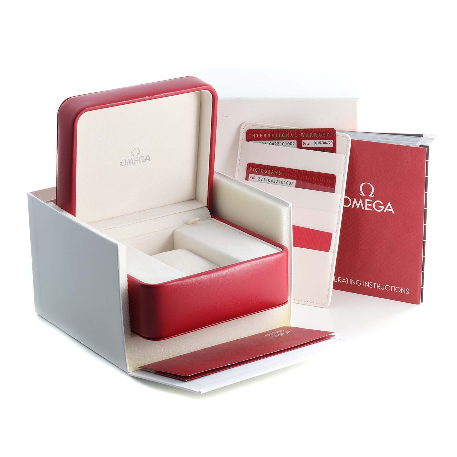 The image shows the Omega Aqua Terra 231.10.42.21.01.002 Men's Stainless Steel Black Dial 231.10.42.21.01.002 Men's Stainless Steel Black Dial watch box, warranty cards, and operating instructions from a front angle.