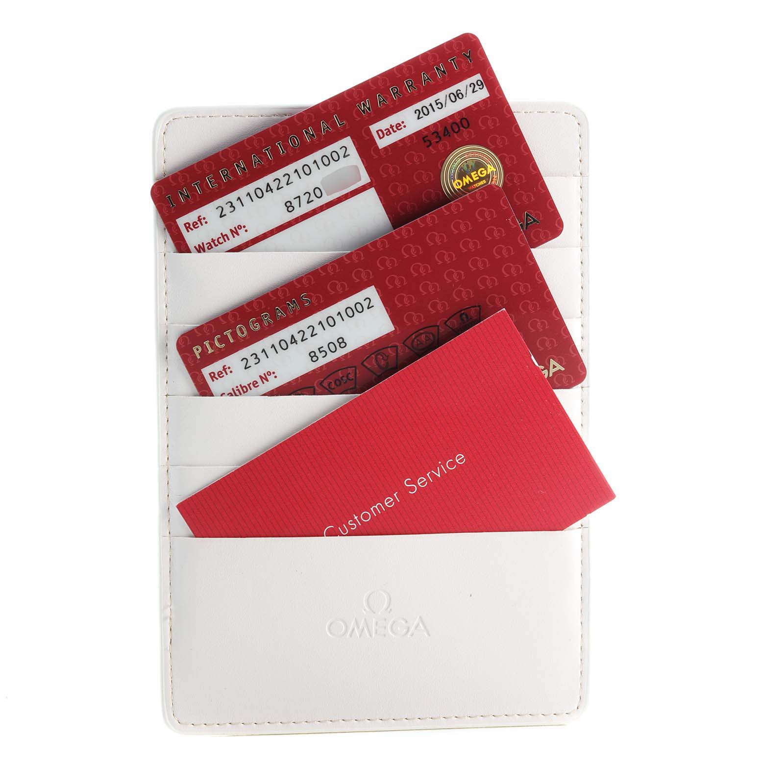 The image shows an Omega Aqua Terra 231.10.42.21.01.002 Men's Stainless Steel Black Dial 231.10.42.21.01.002 Men's Stainless Steel Black Dial watch's warranty card, pictogram card, and a customer service card in a white holder.