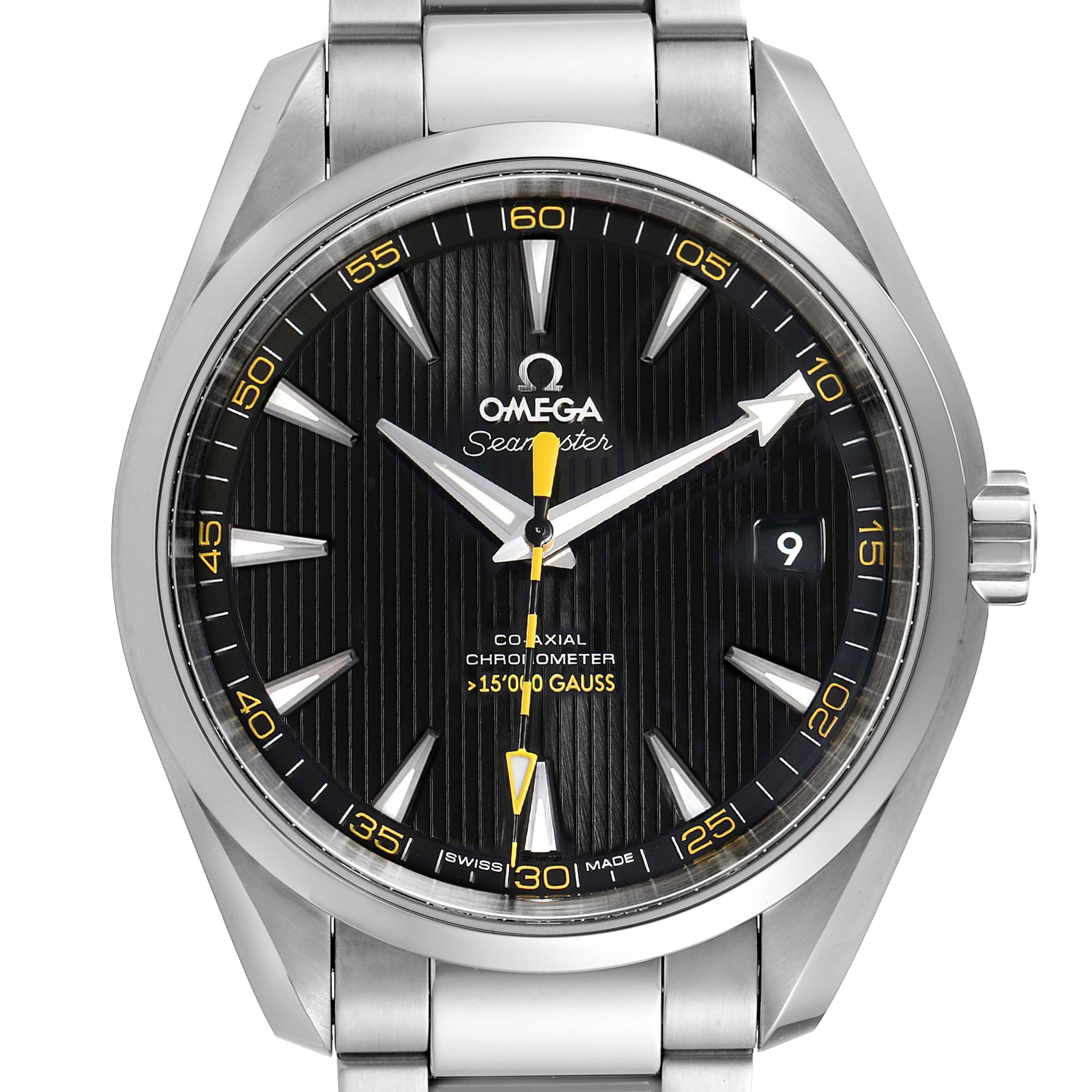The image shows a front view of the Omega Aqua Terra 231.10.42.21.01.002 Men's Stainless Steel Black Dial 231.10.42.21.01.002 Men's Stainless Steel Black Dial watch, displaying the face, hands, bezel, and part of the bracelet.