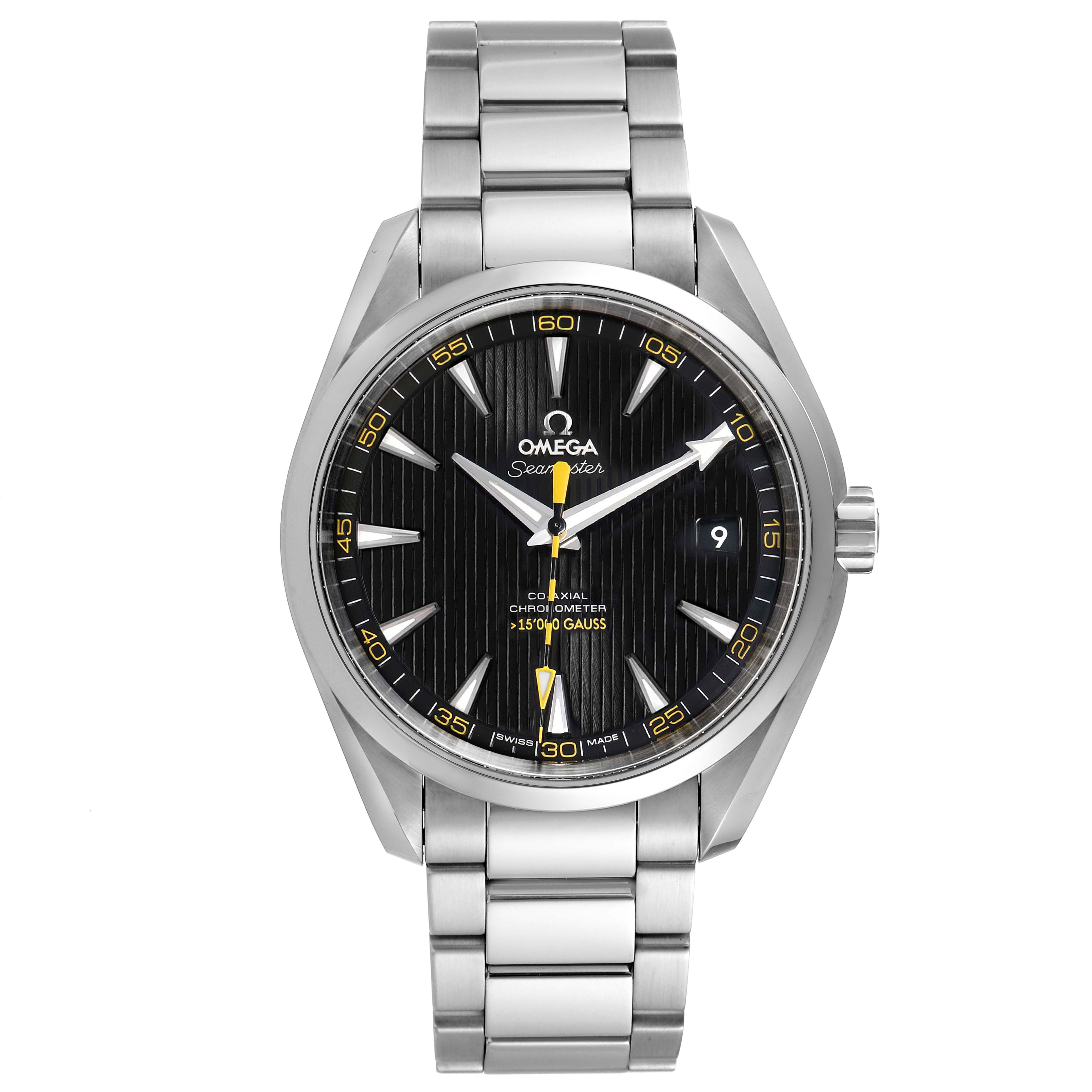 This image shows the Omega Aqua Terra 231.10.42.21.01.002 Men's Stainless Steel Black Dial 231.10.42.21.01.002 Men's Stainless Steel Black Dial watch from a front angle, displaying its face, bezel, and bracelet.