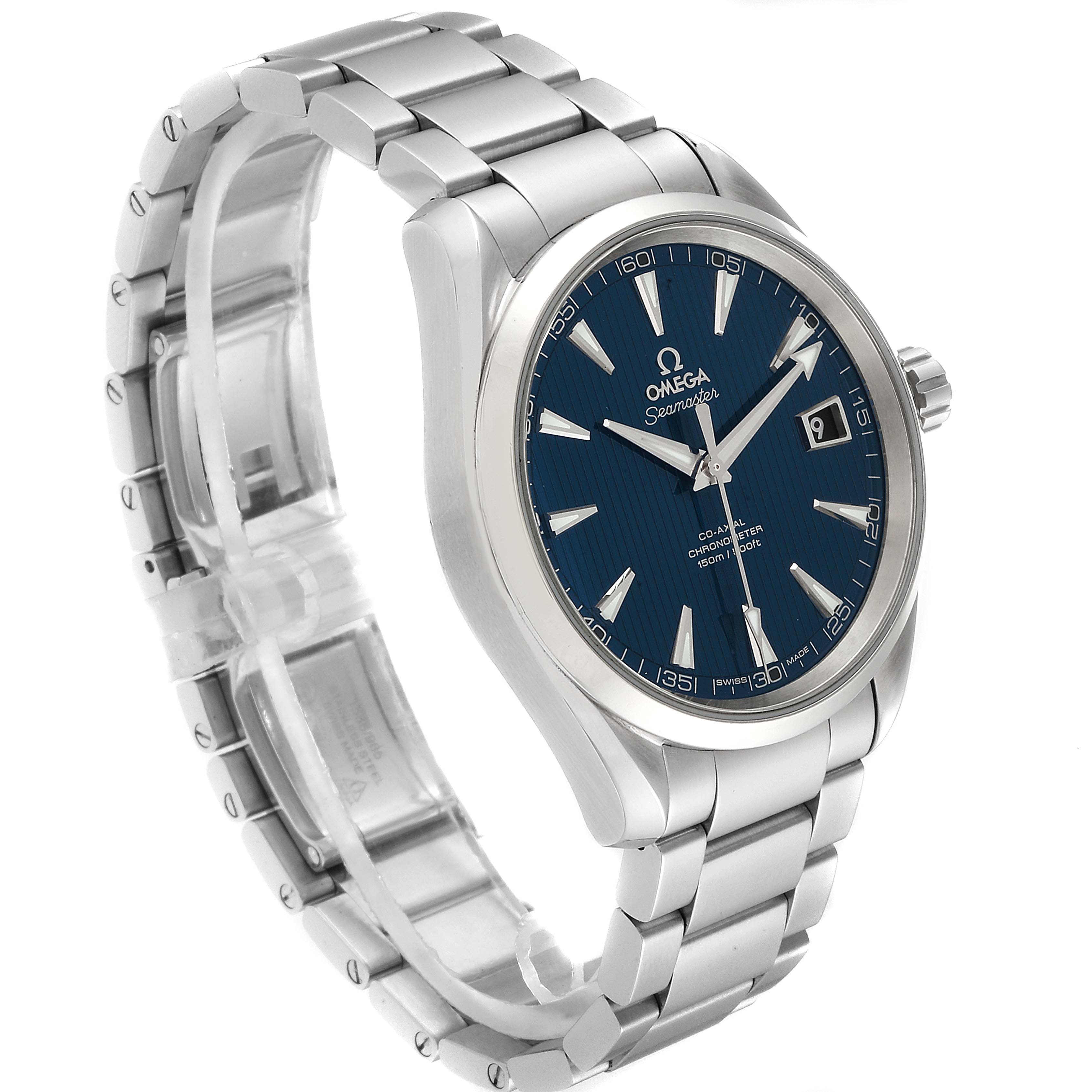 The Omega Aqua Terra 231.10.42.21.03.001 Men
s Stainless Steel Blue Dial 231.10.42.21.03.001 Men
s Stainless Steel Blue Dial watch is shown at a three-quarter angle, displaying the face, crown, and stainless steel bracelet.
