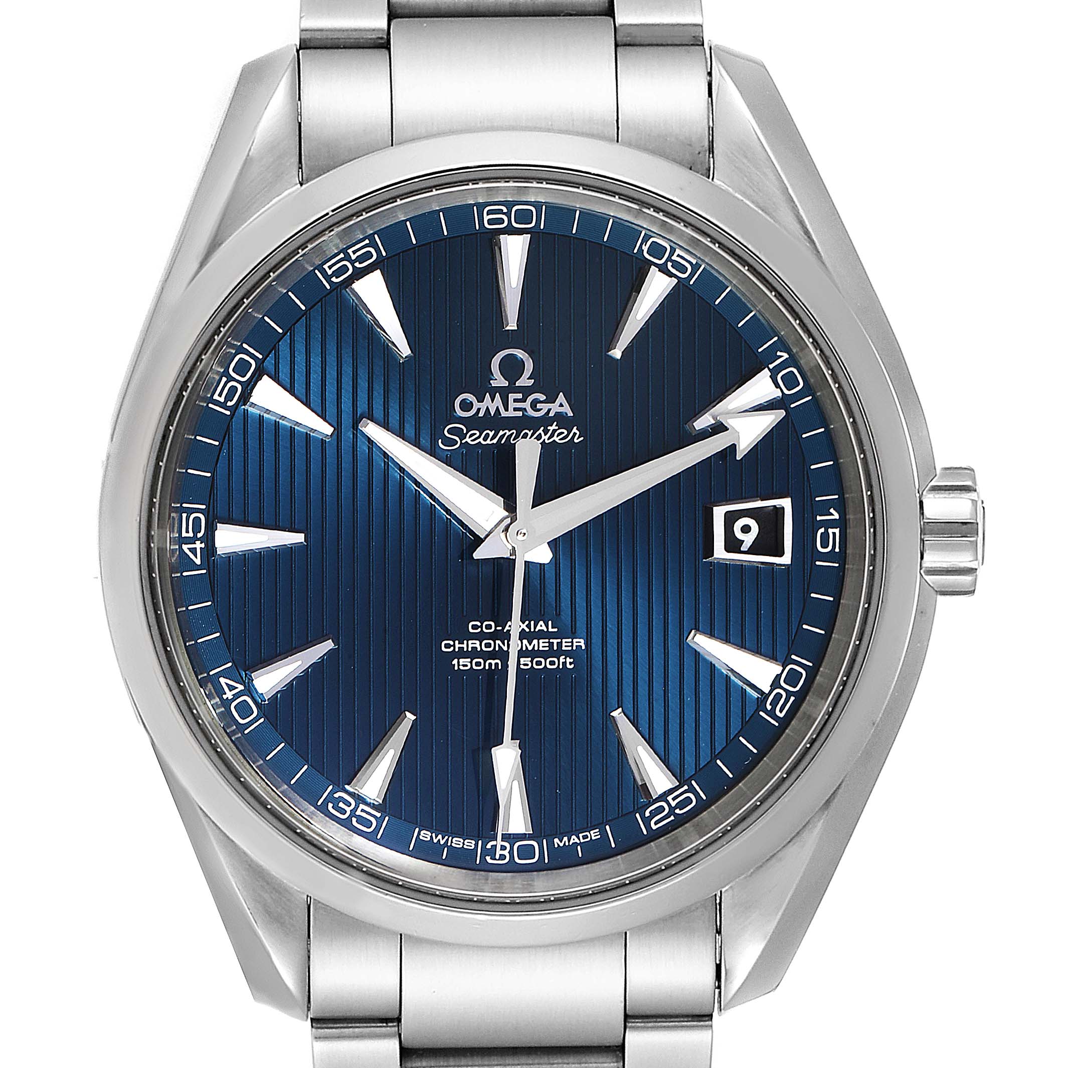 The photo shows the front view of an Omega Aqua Terra 231.10.42.21.03.001 Men
s Stainless Steel Blue Dial 231.10.42.21.03.001 Men
s Stainless Steel Blue Dial watch, highlighting the dial, hands, date window, and part of the bracelet.