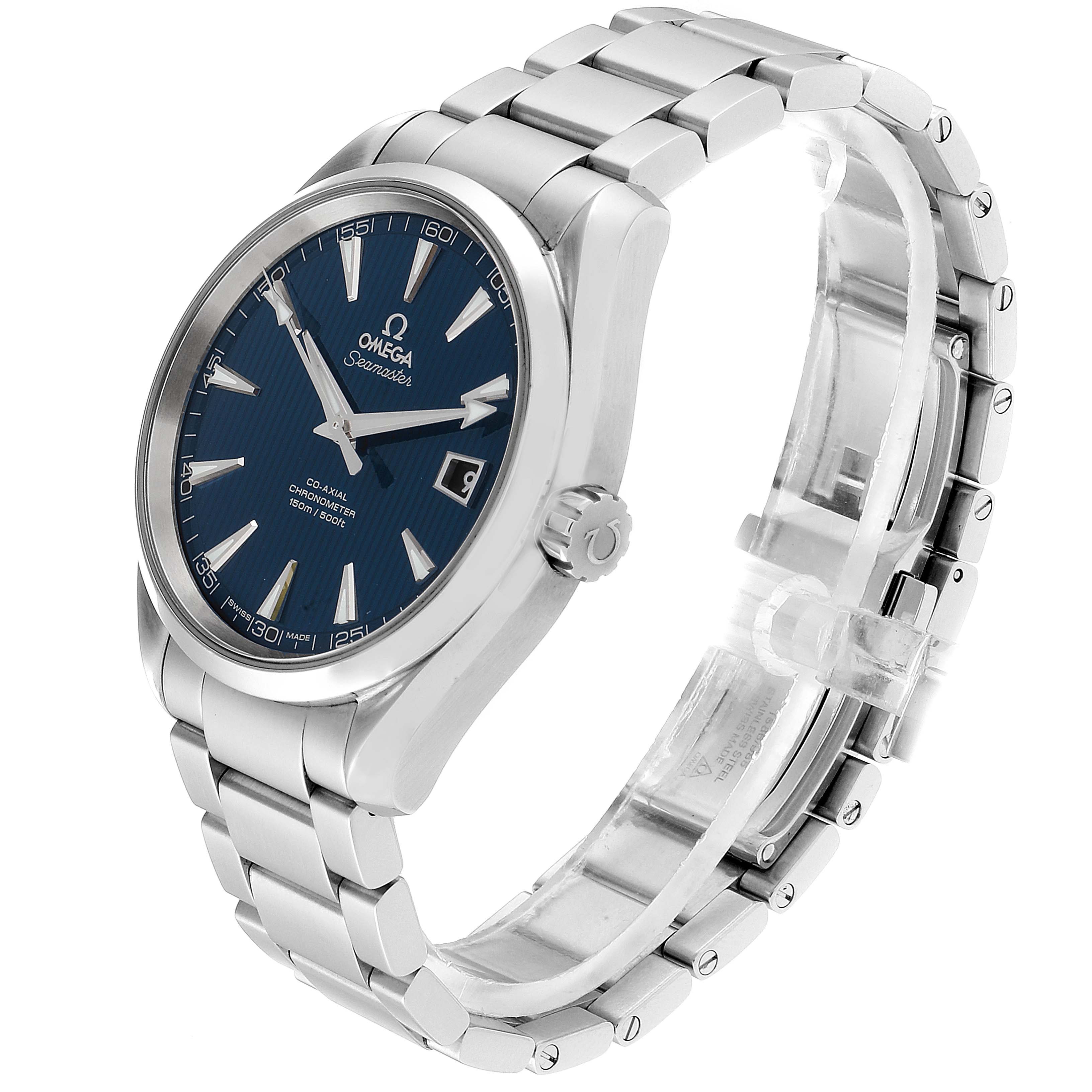 The Omega Aqua Terra 231.10.42.21.03.001 Men
s Stainless Steel Blue Dial 231.10.42.21.03.001 Men
s Stainless Steel Blue Dial watch is shown at a three-quarter angle, highlighting the blue dial, silver bracelet, and crown.