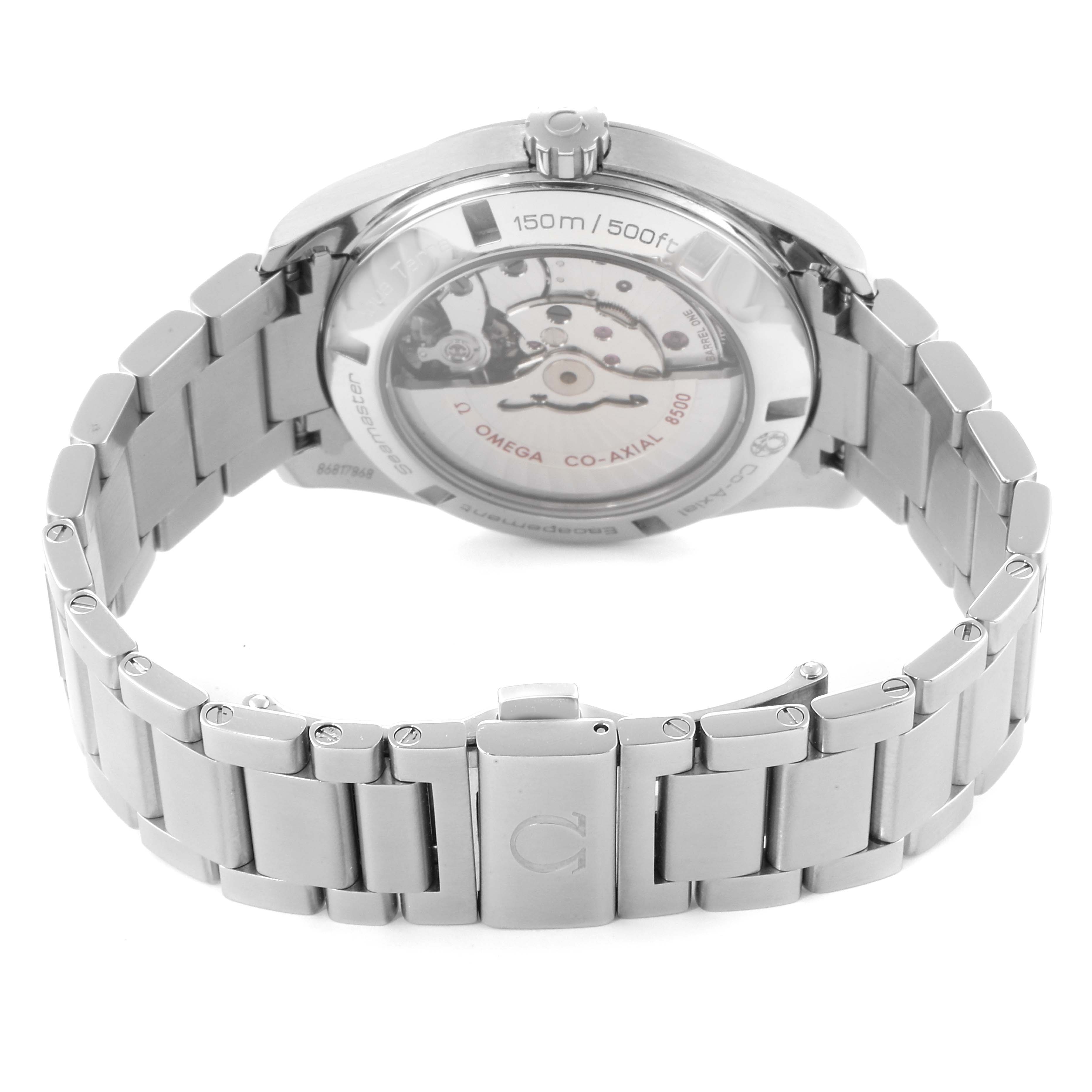 The image shows the back view of the Omega Aqua Terra 231.10.42.21.03.001 Men
s Stainless Steel Blue Dial 231.10.42.21.03.001 Men
s Stainless Steel Blue Dial watch, highlighting the stainless steel bracelet and the visible movement through the transparent case back.