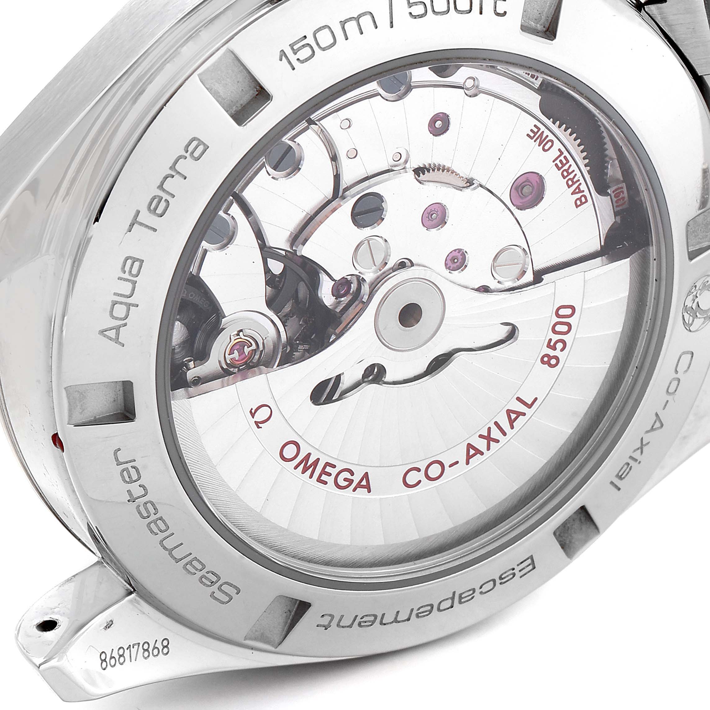 This image shows the back view of the Omega Aqua Terra 231.10.42.21.03.001 Men
s Stainless Steel Blue Dial 231.10.42.21.03.001 Men
s Stainless Steel Blue Dial watch, highlighting its visible co-axial movement and internal mechanisms.